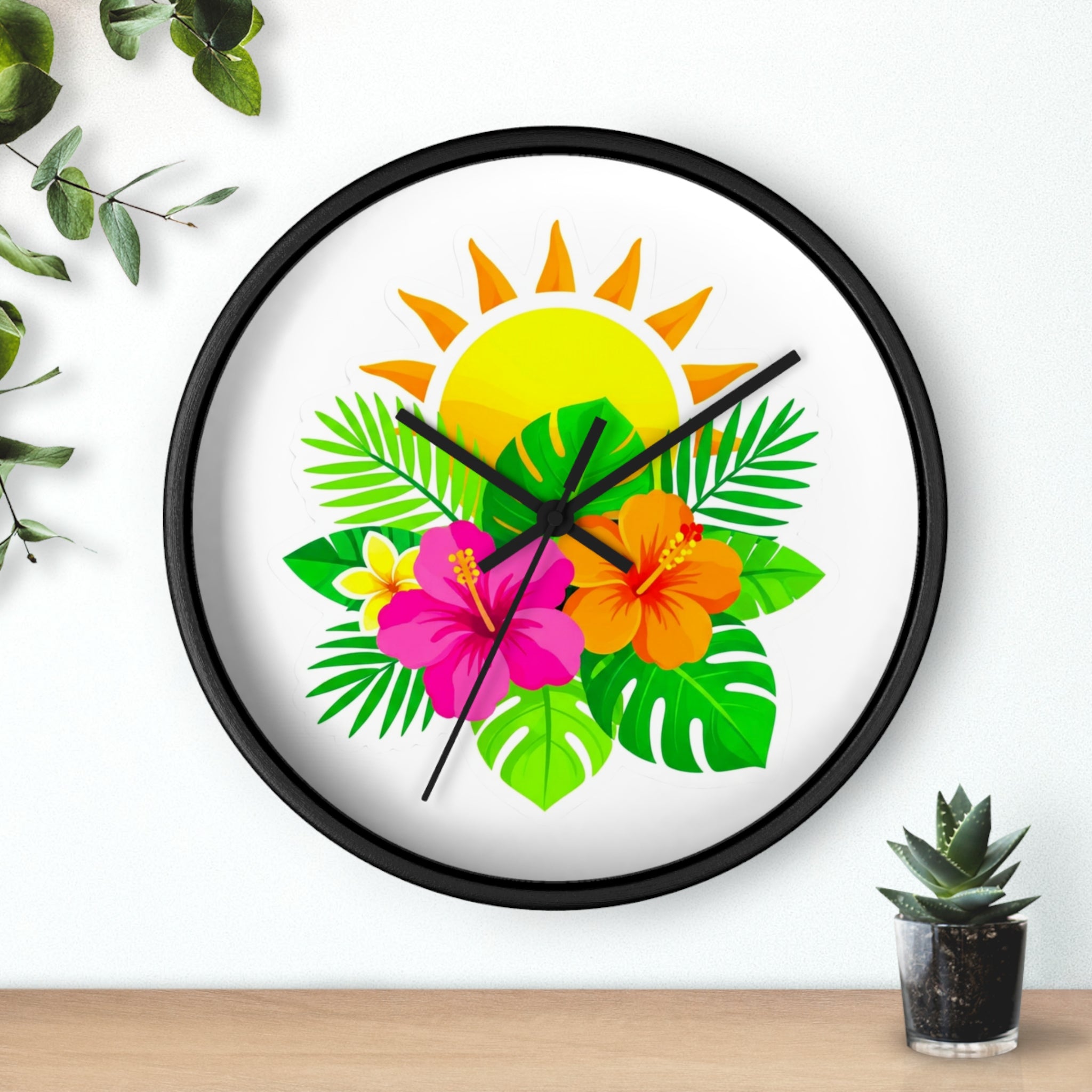 Tropical Hibiscus Wall Clock — Sunny Floral Decorative Clock