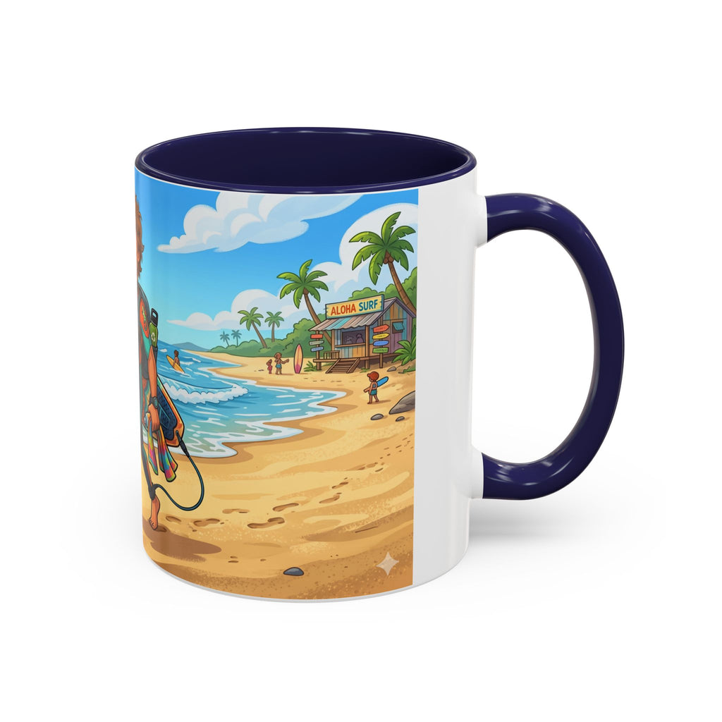 Surf Beach Coffee Mug — Cute Surfer Cartoon Design, 11/15oz Accent Mug
