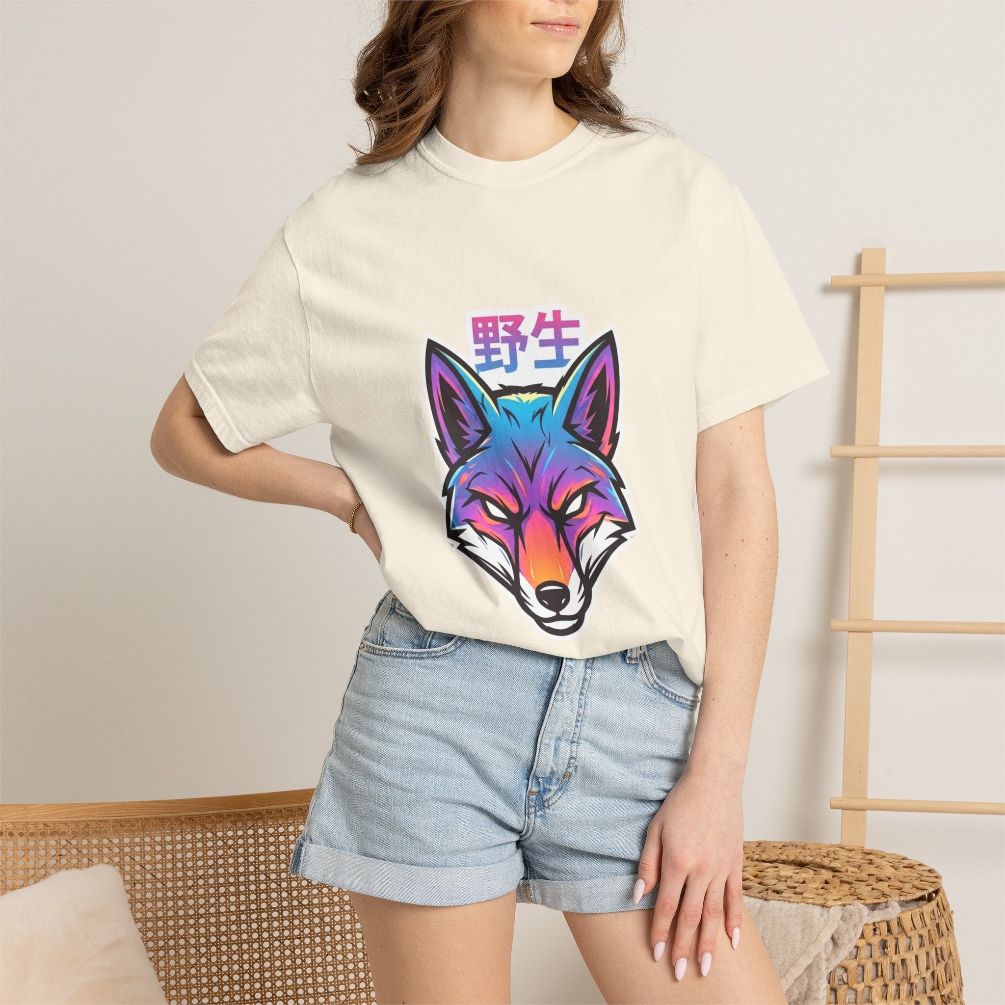 Neon Fox Graphic T-Shirt — Wild (野生) Japanese Kanji Tee