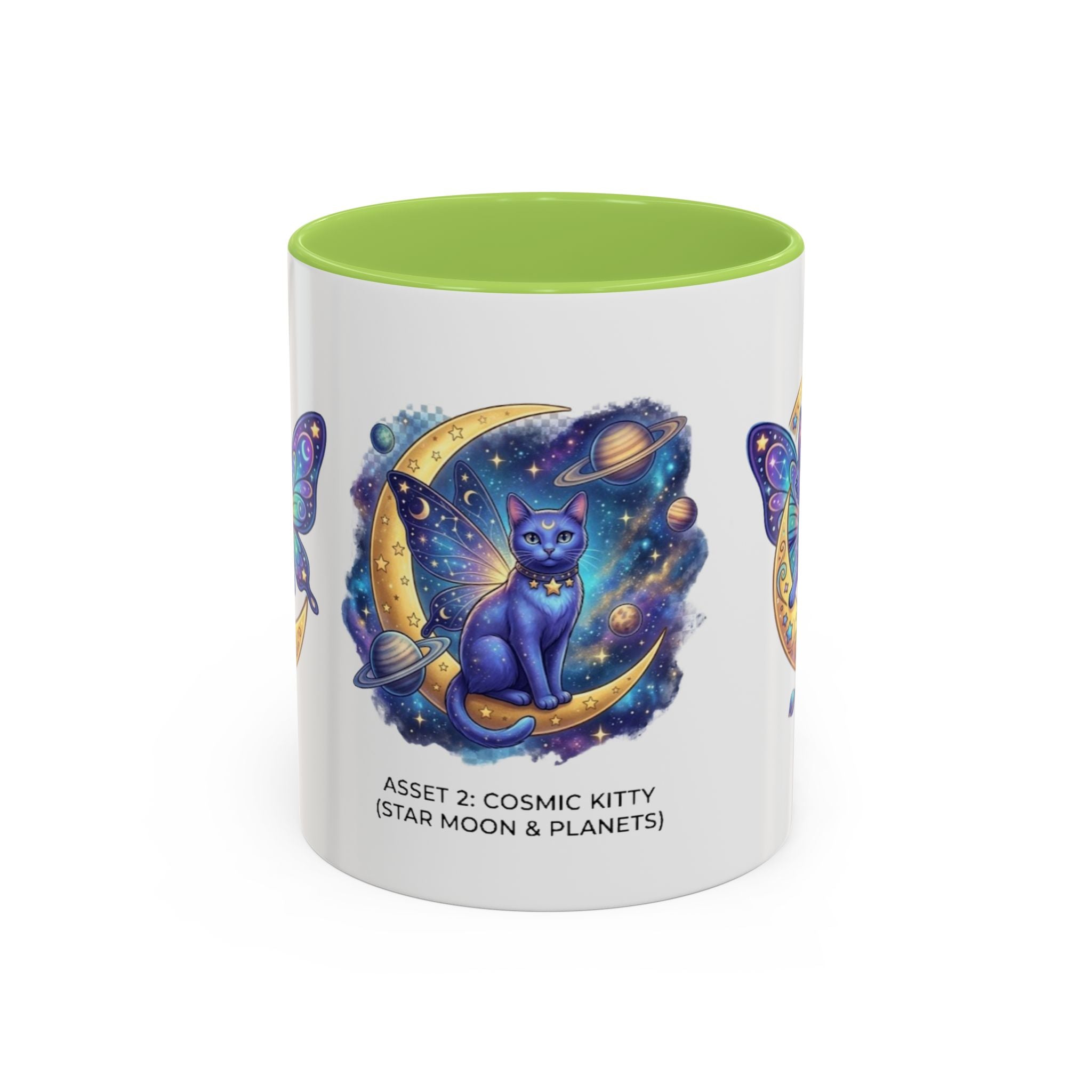 Cosmic Kitty Accent Coffee Mug — Magical Moon & Planets Cat Design (11/15oz)
