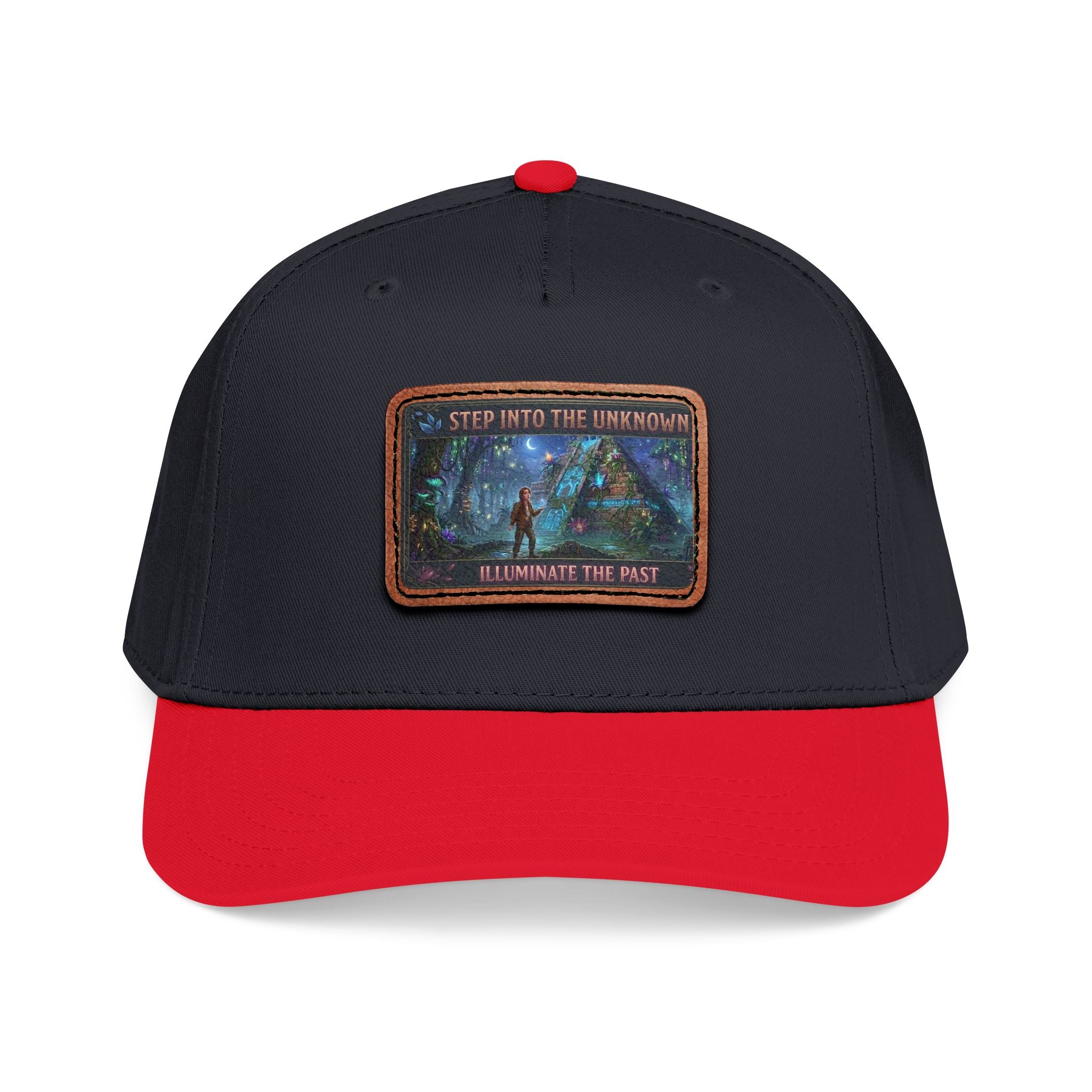 Leather Patch Baseball Cap — "Step Into the Unknown, Illuminate the Past" Forest Adventure Design