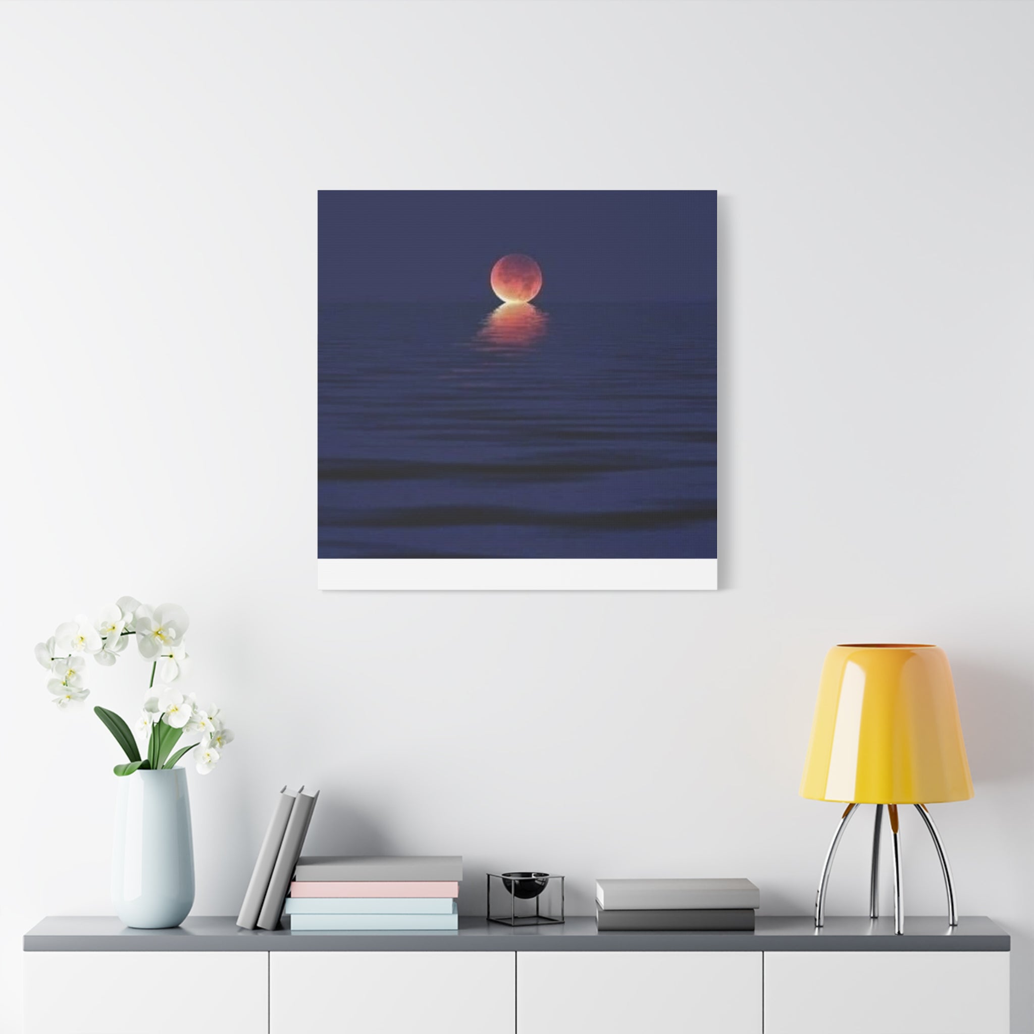 Lunar Reflection Canvas Art — Moonrise Over Calm Sea Stretched Matte Wall Art