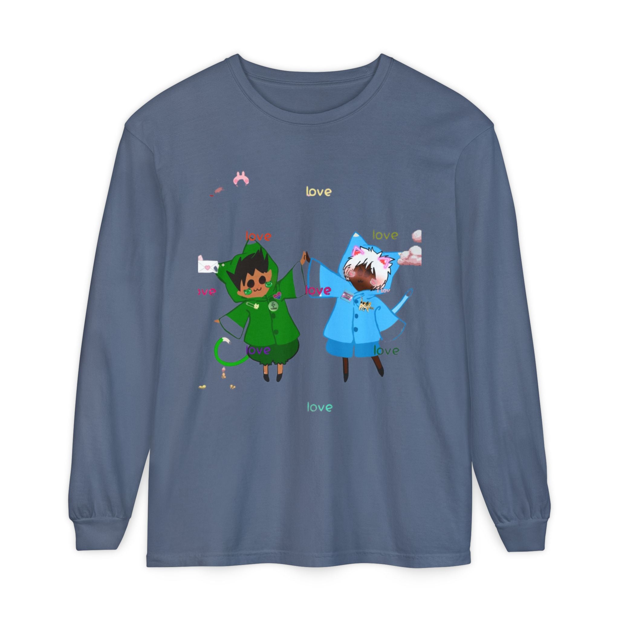Cute Rainbow Cats Holding Hands Long Sleeve Tee – "Love" Graphic