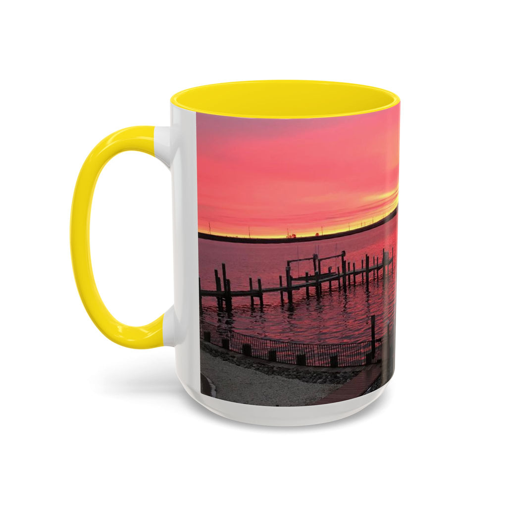 Sunset Harbor Accent Coffee Mug — Pink Sunrise Dock Scene (11/15oz)