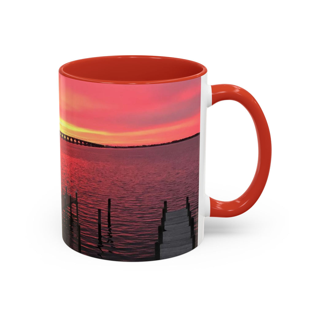 Sunset Harbor Accent Coffee Mug — Pink Sunrise Dock Scene (11/15oz)