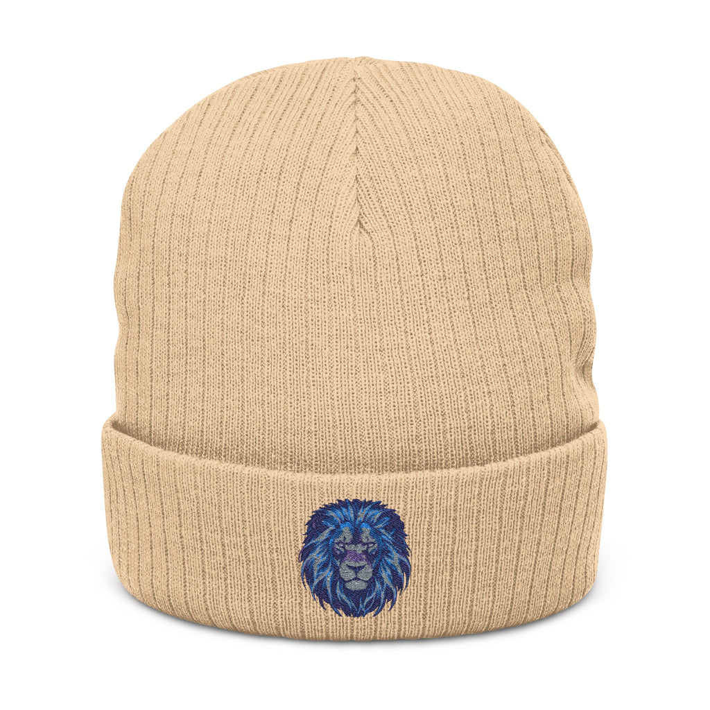 Embroidered Blue Lion Ribbed Beanie — Warm Knit Hat for Men & Women