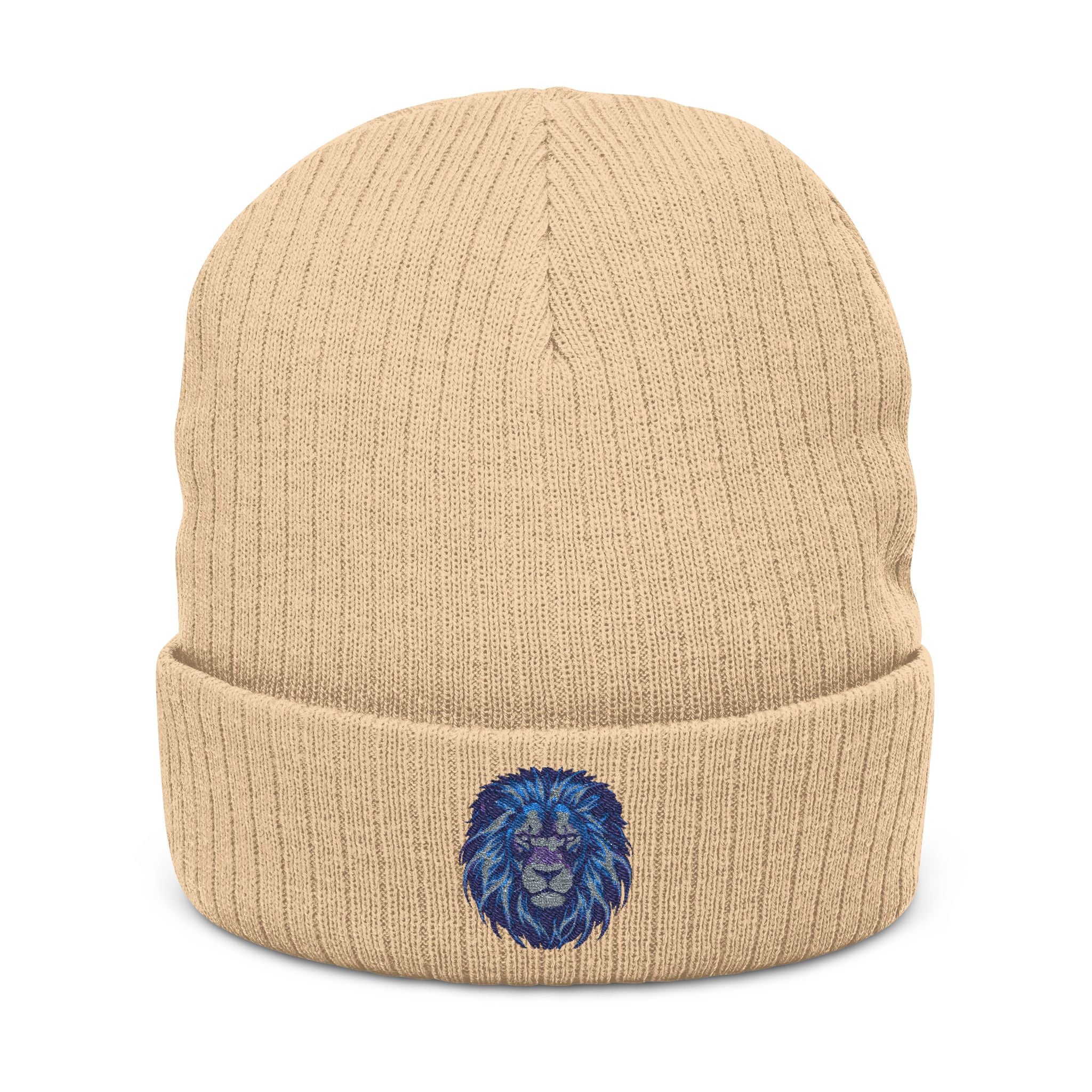 Embroidered Blue Lion Ribbed Beanie — Warm Knit Hat for Men & Women