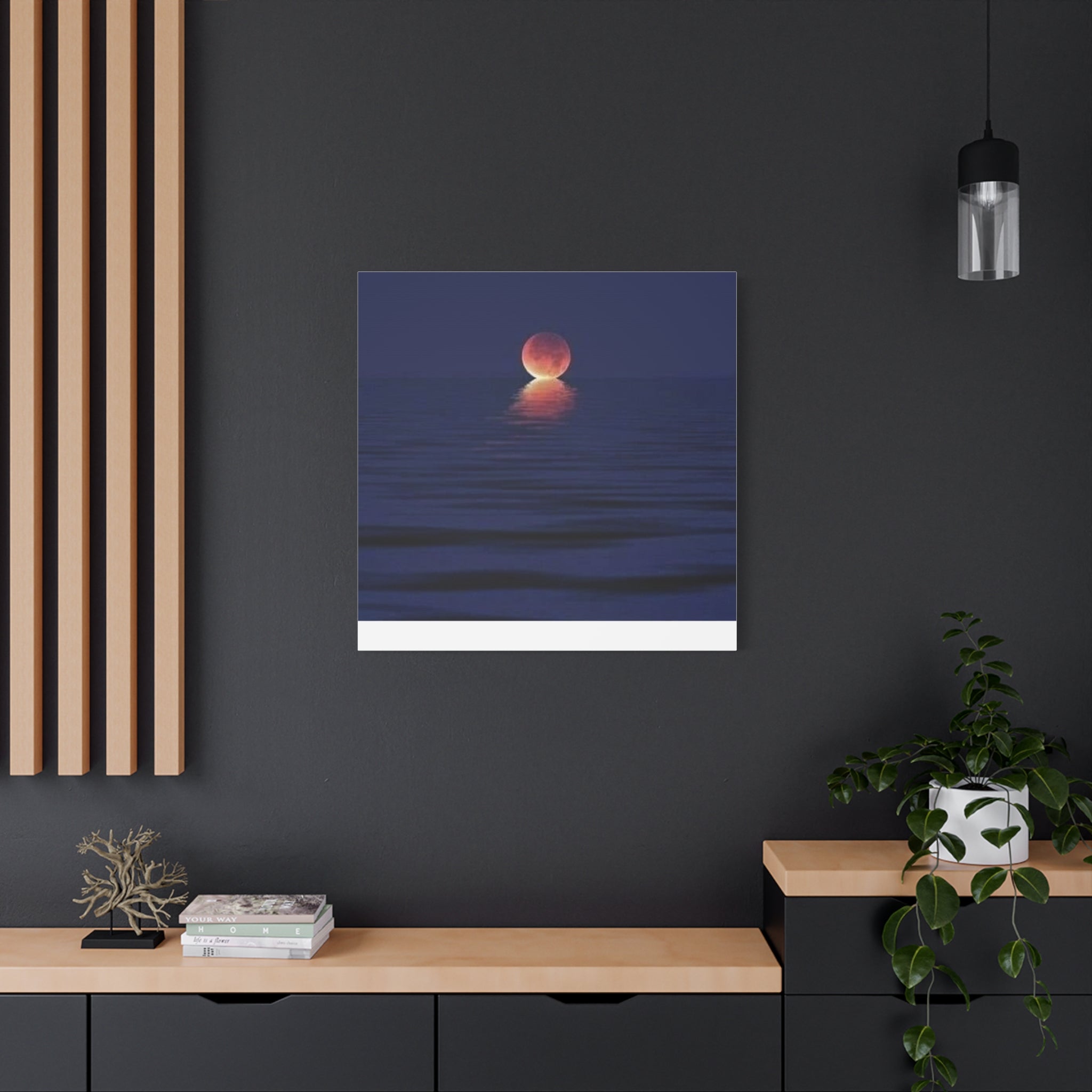 Lunar Reflection Canvas Art — Moonrise Over Calm Sea Stretched Matte Wall Art