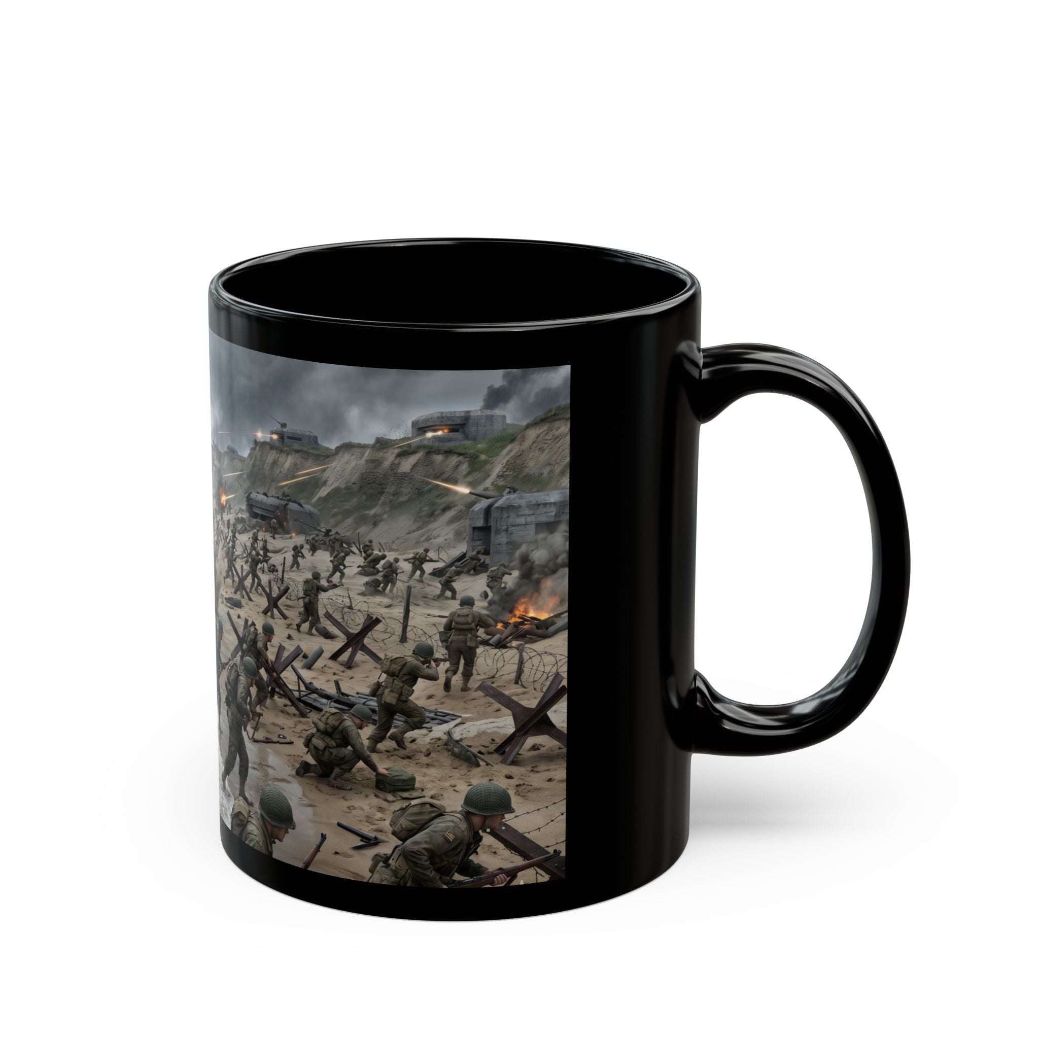 D-Day Invasion Black Mug — World War II Beach Assault Scene (11oz/15oz)