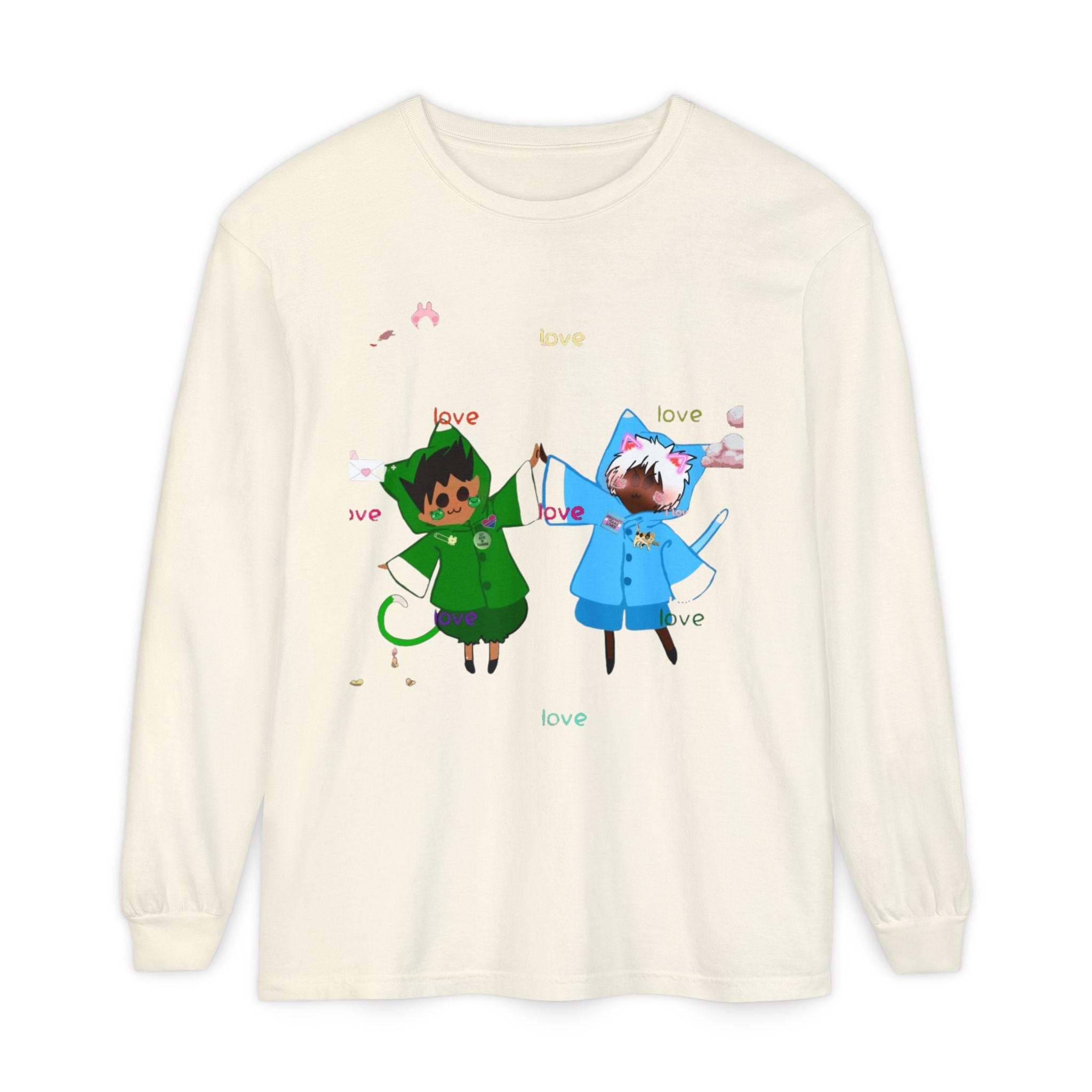 Cute Rainbow Cats Holding Hands Long Sleeve Tee – "Love" Graphic