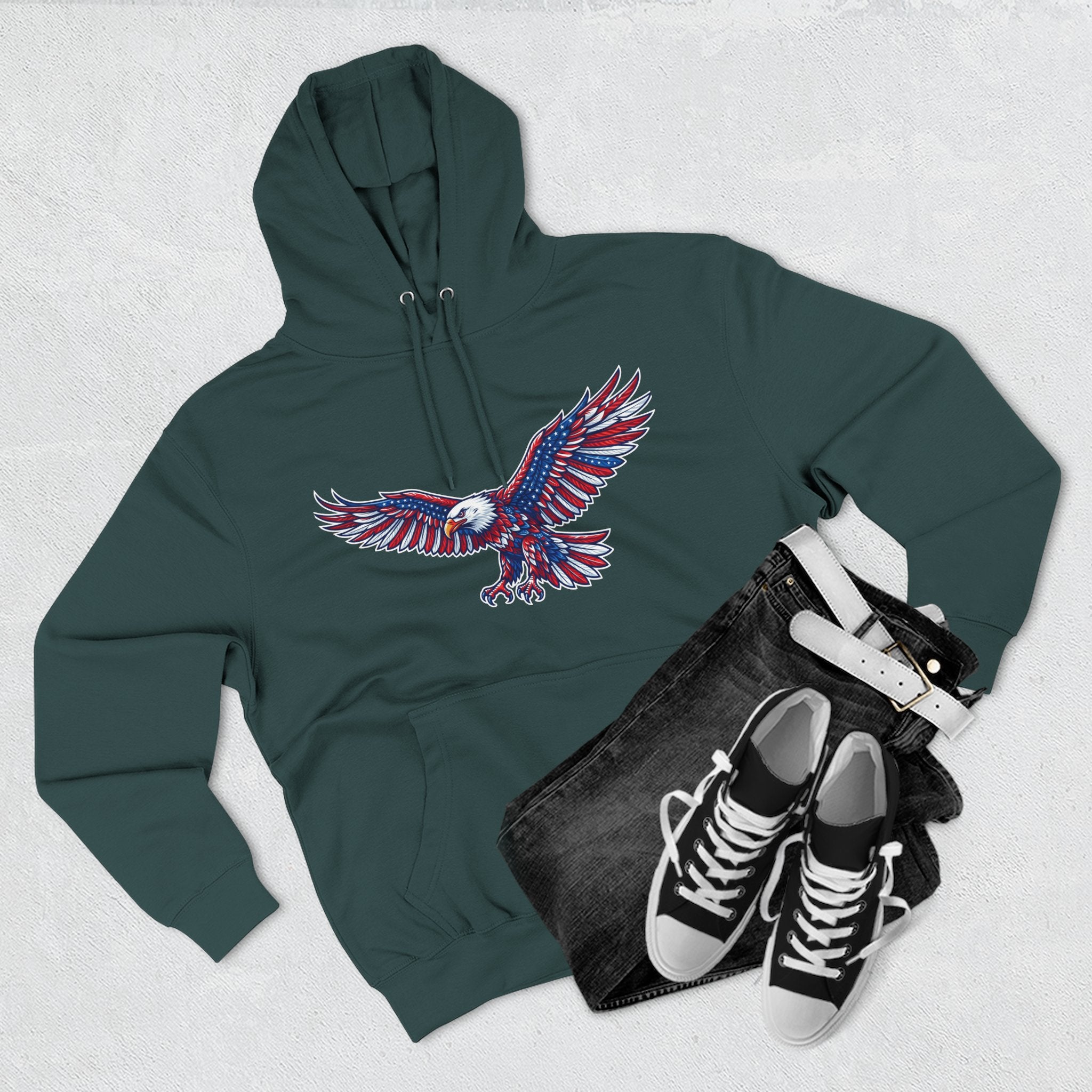 Eagle Flight Hoodie — Patriotic Red & Blue Soaring Eagle Graphic