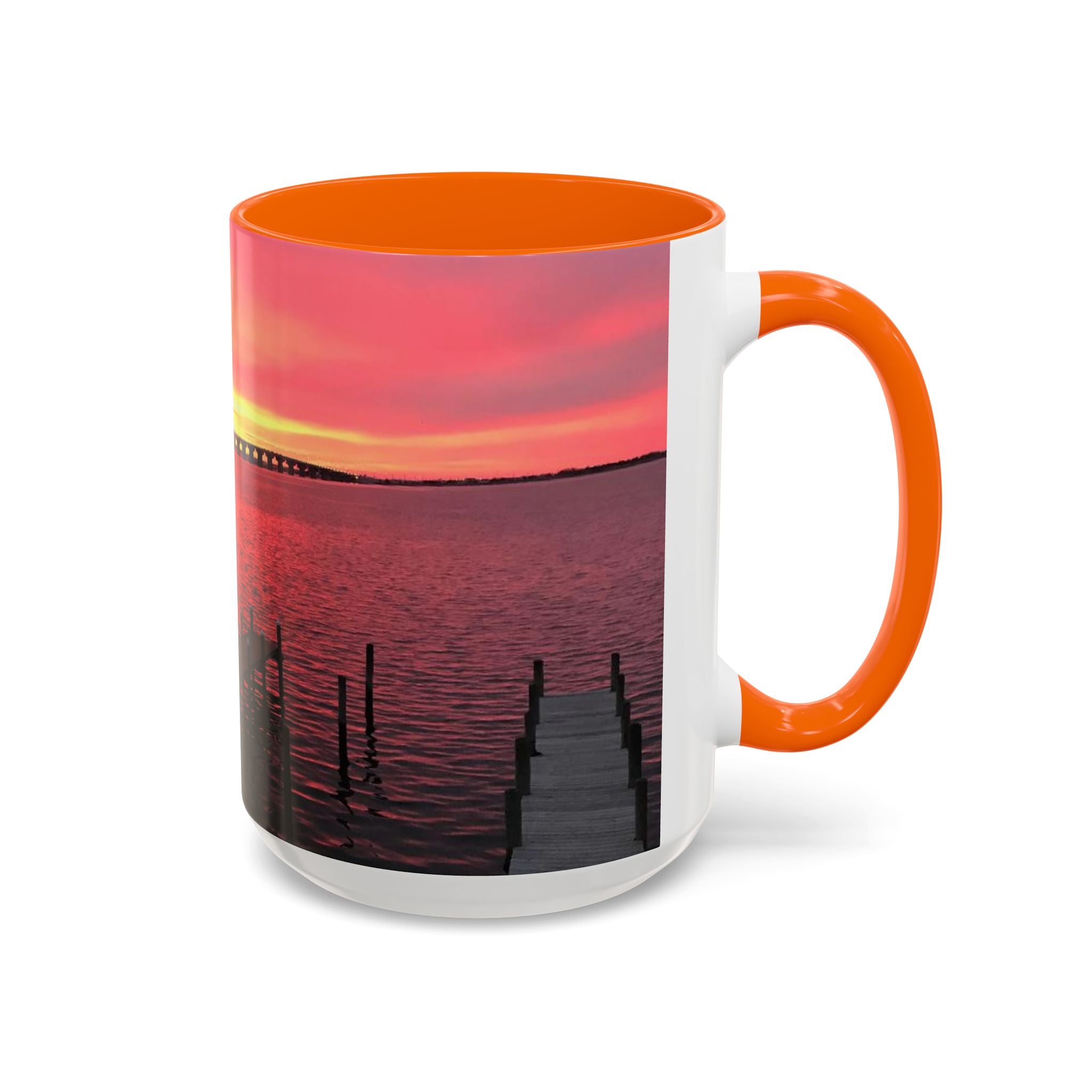 Sunset Harbor Accent Coffee Mug — Pink Sunrise Dock Scene (11/15oz)