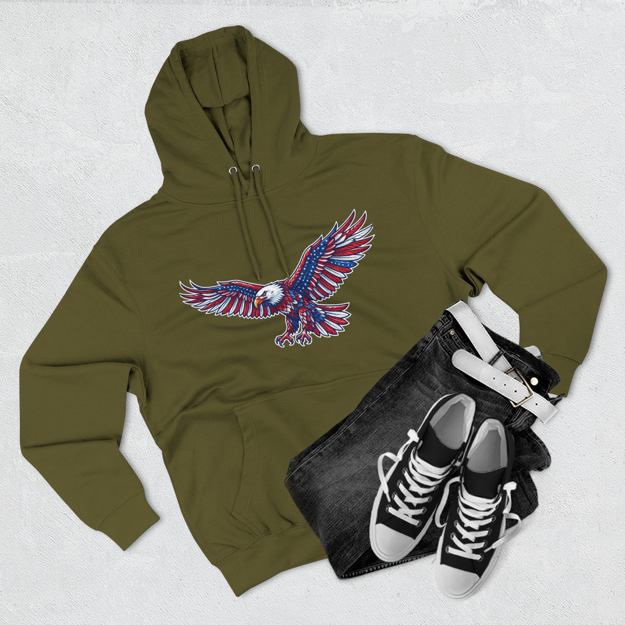 Eagle Flight Hoodie — Patriotic Red & Blue Soaring Eagle Graphic