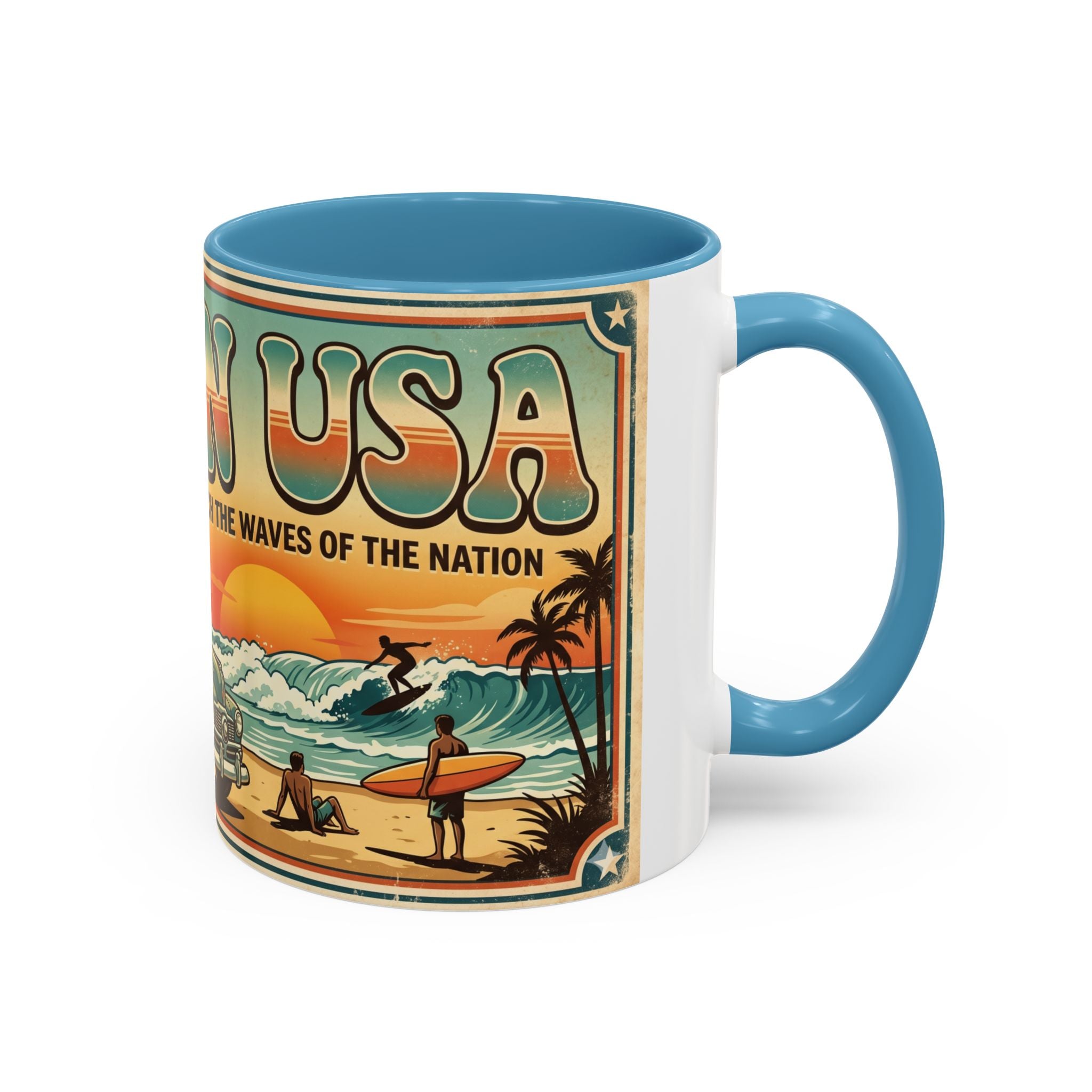 Surfing USA Coffee Mug — Retro Beach Vintage Surfboard Sunset Design