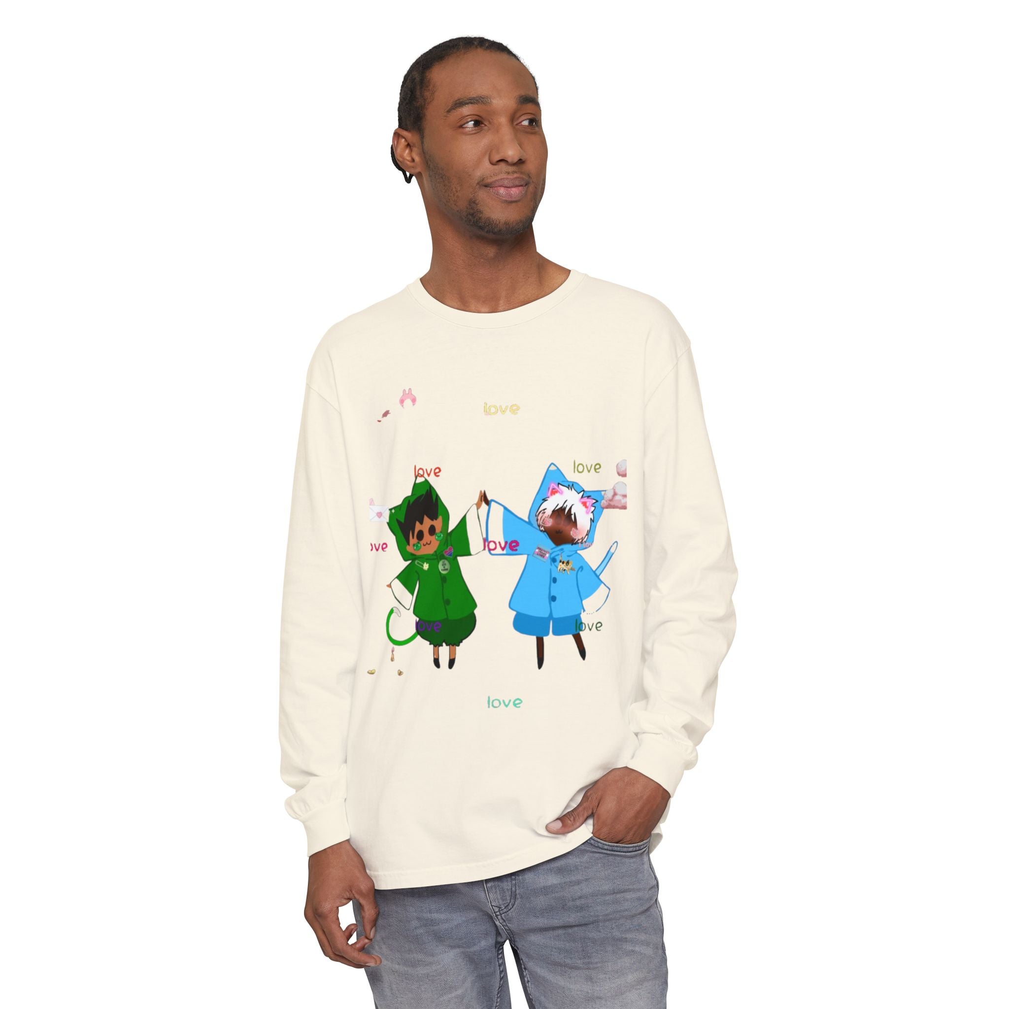 Cute Rainbow Cats Holding Hands Long Sleeve Tee – "Love" Graphic