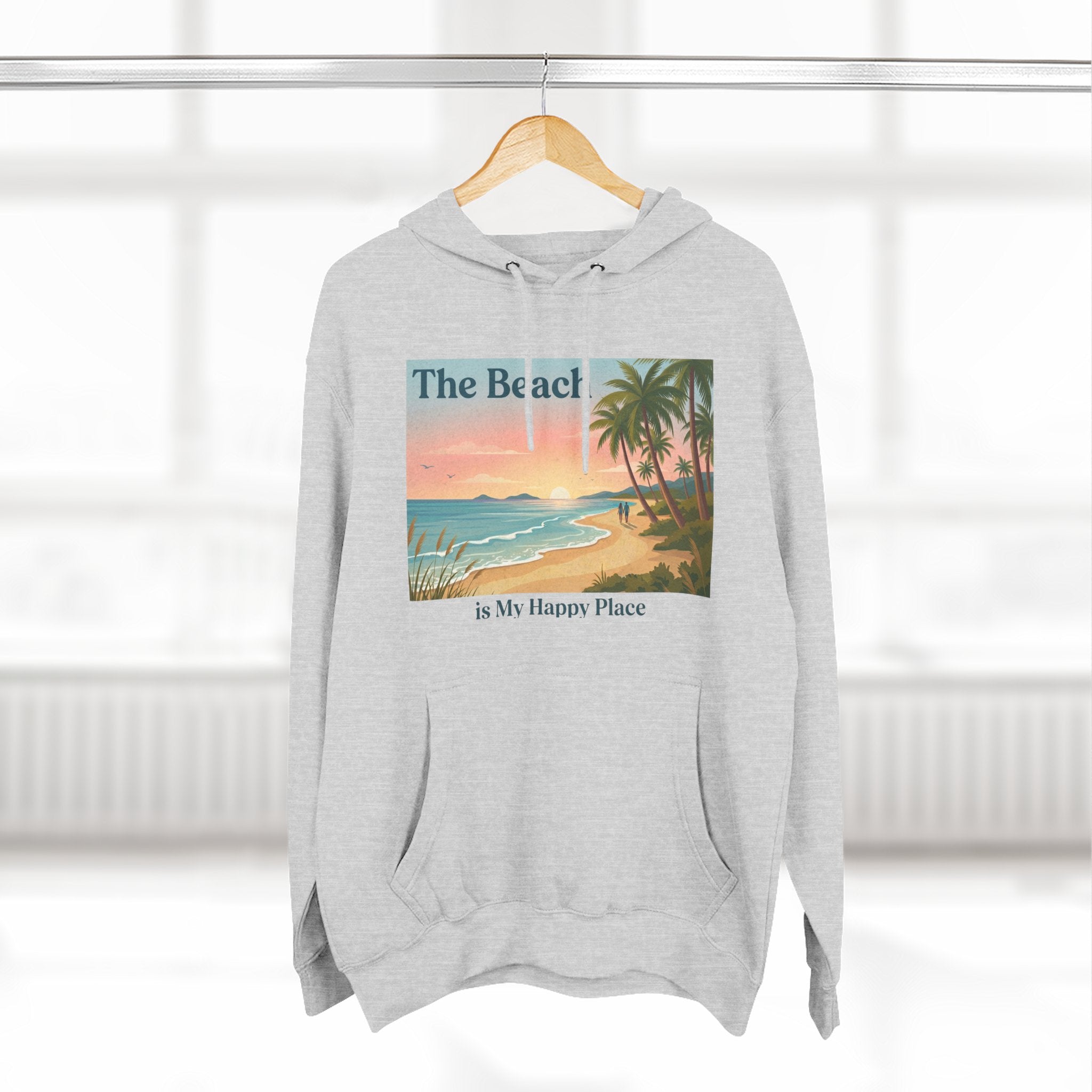 Beach Sunset Hoodie – "The Beach is My Happy Place" Coastal Palm Pullover