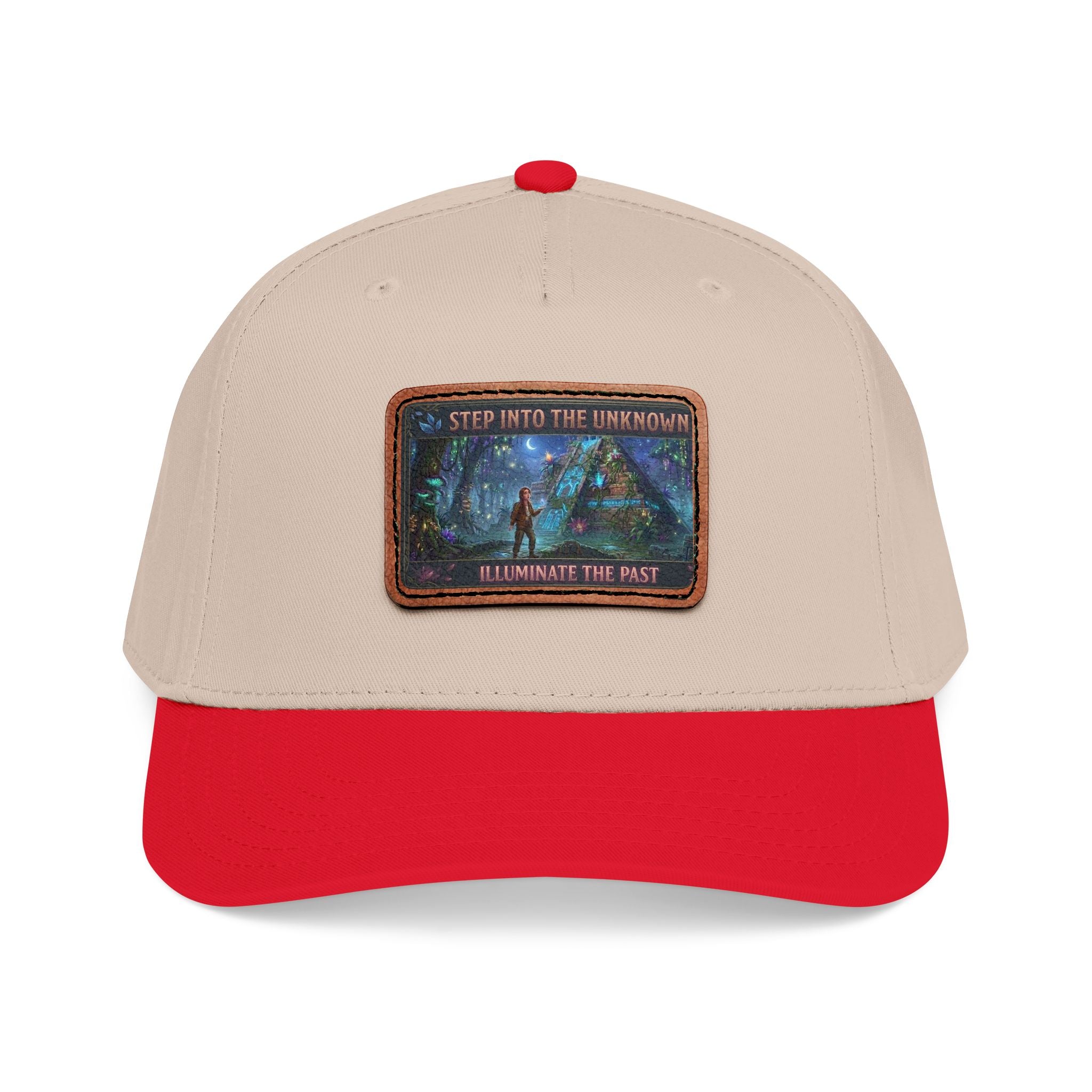 Leather Patch Baseball Cap — "Step Into the Unknown, Illuminate the Past" Forest Adventure Design