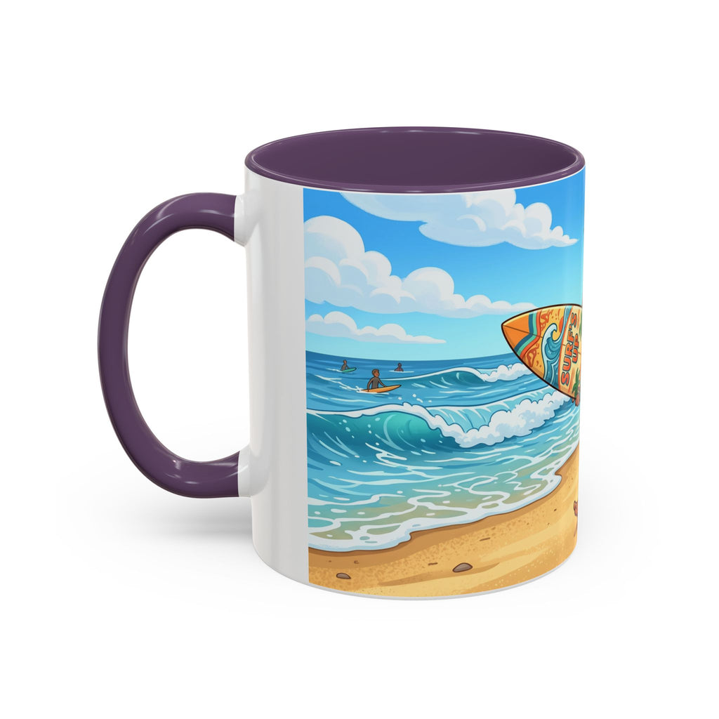Surf Beach Coffee Mug — Cute Surfer Cartoon Design, 11/15oz Accent Mug