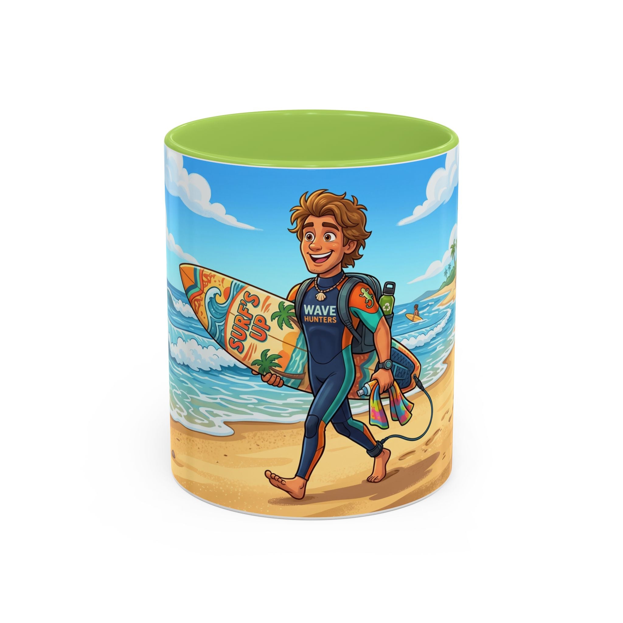 Surf Beach Coffee Mug — Cute Surfer Cartoon Design, 11/15oz Accent Mug