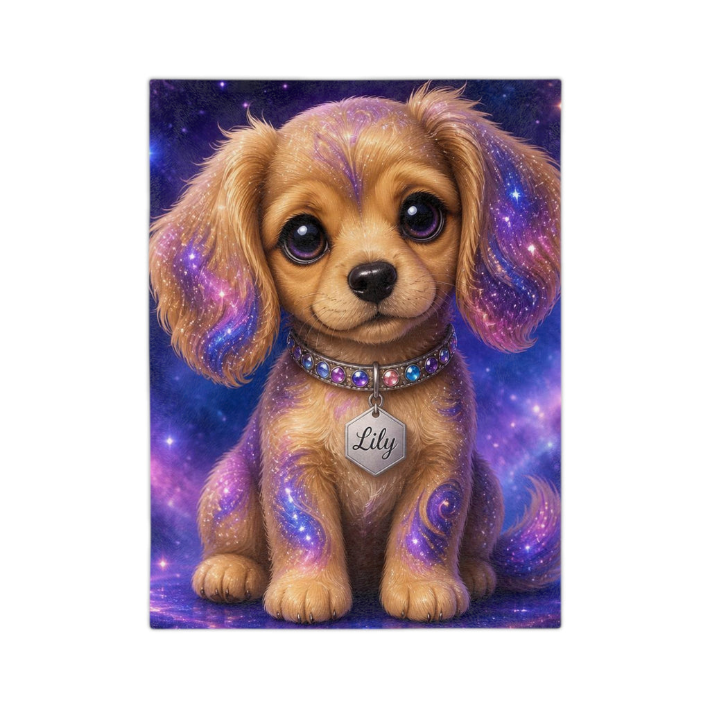 Personalized Galaxy Puppy Velveteen Microfiber Blanket – Cute 'Lily' Dog Design, Cozy Gift for Kids & Pet Lovers