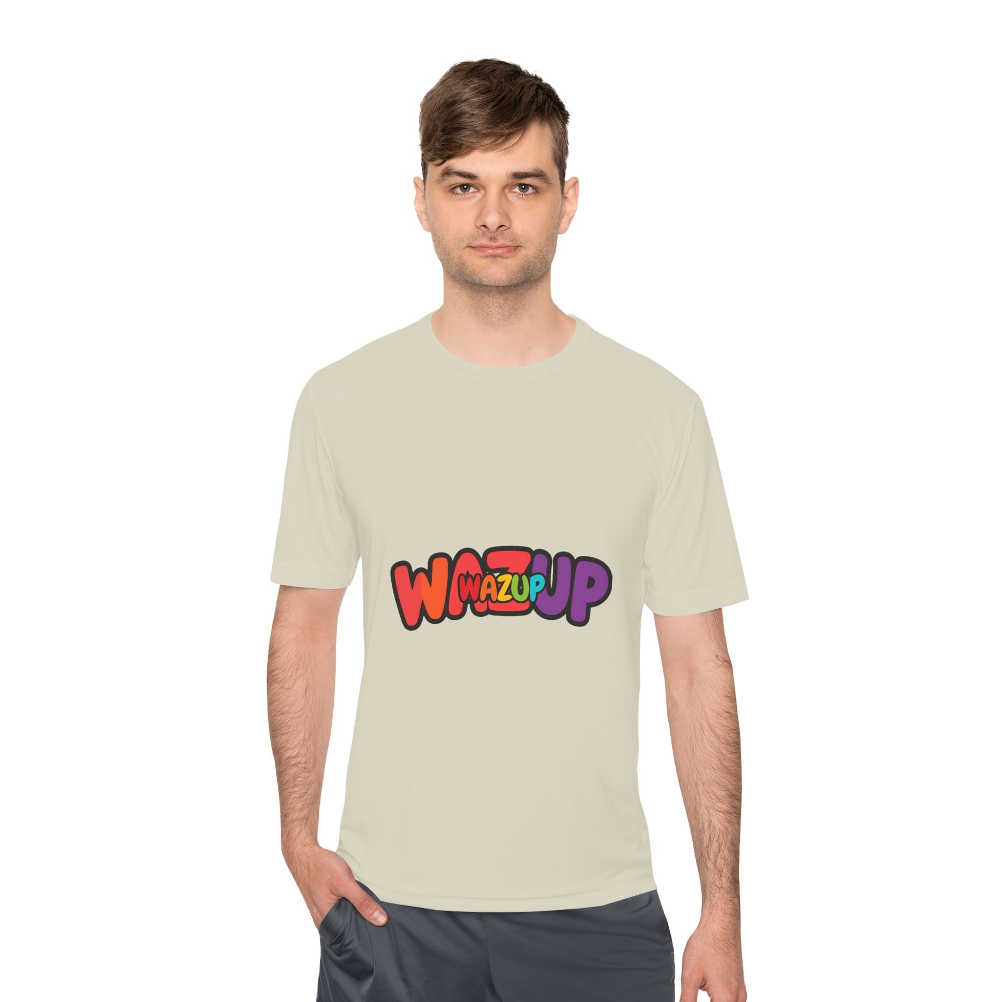 Wazup Colorblock Graphic Tee — Retro Pop 'Wazup' Moisture-Wicking Shirt
