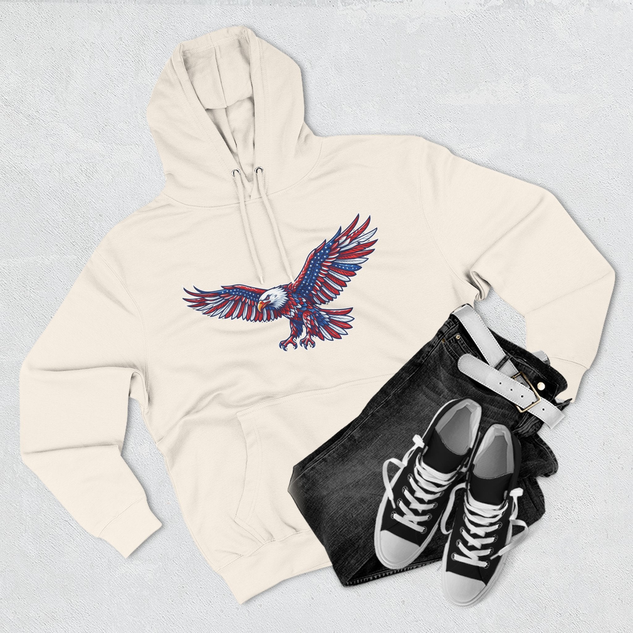 Eagle Flight Hoodie — Patriotic Red & Blue Soaring Eagle Graphic