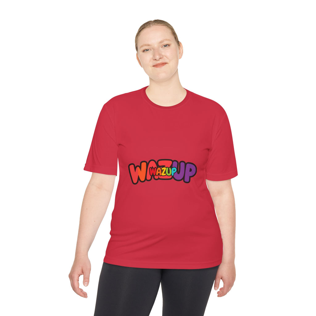 Wazup Colorblock Graphic Tee — Retro Pop 'Wazup' Moisture-Wicking Shirt