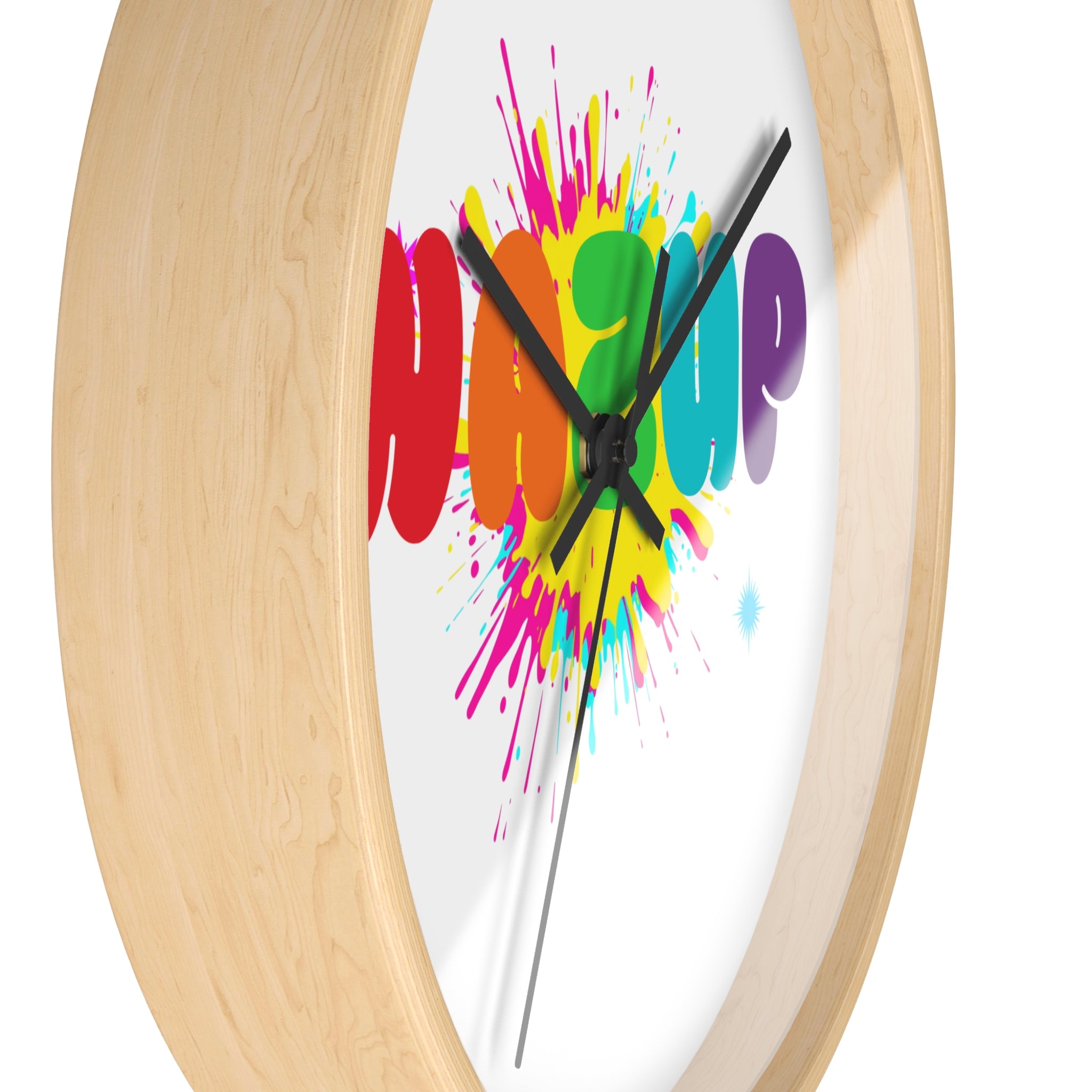 Wake Up Color Splash Wall Clock — Vibrant Rainbow Typography Home Decor