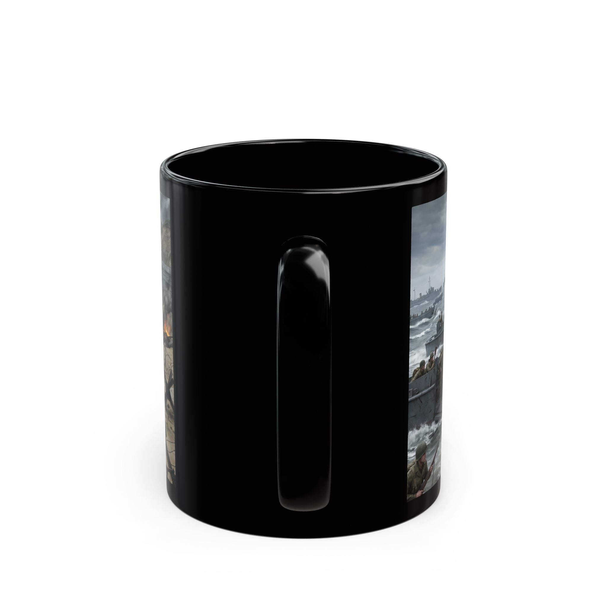 D-Day Invasion Black Mug — World War II Beach Assault Scene (11oz/15oz)