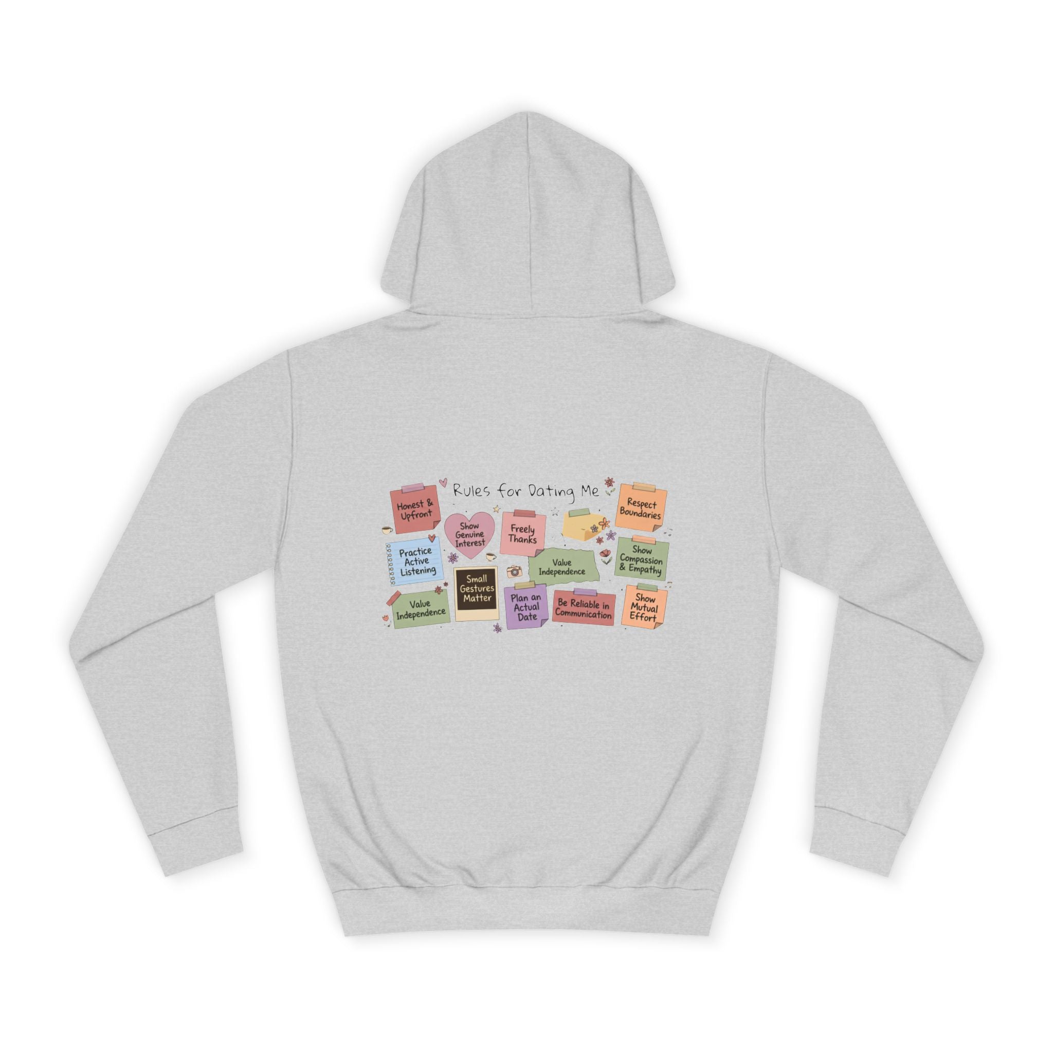College Hoodie — Retro Sticky Notes Back Print, Cute Study Vibes