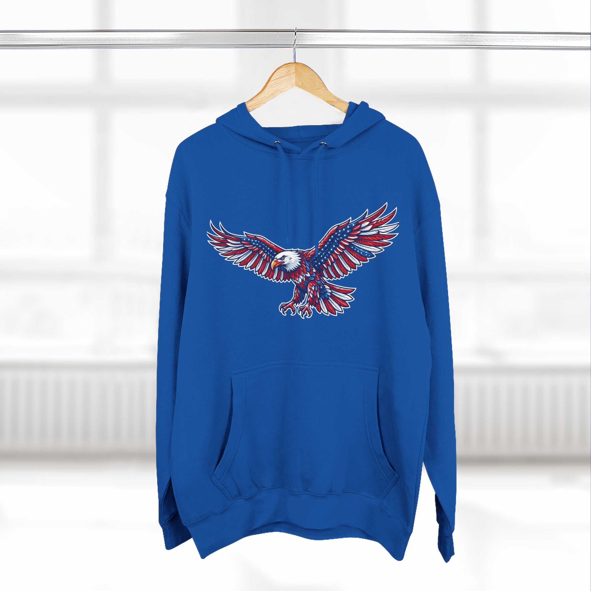 Eagle Flight Hoodie — Patriotic Red & Blue Soaring Eagle Graphic