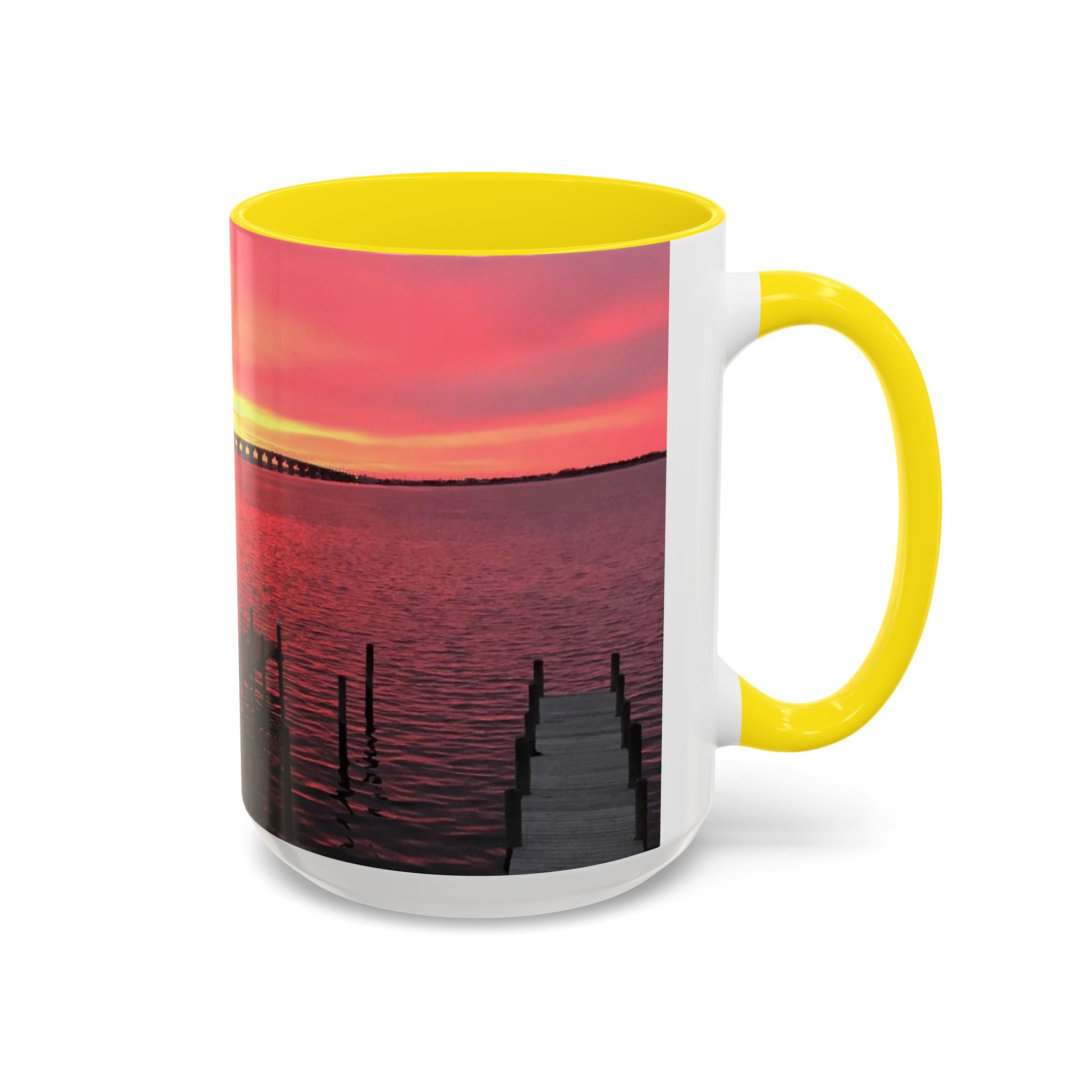 Sunset Harbor Accent Coffee Mug — Pink Sunrise Dock Scene (11/15oz)