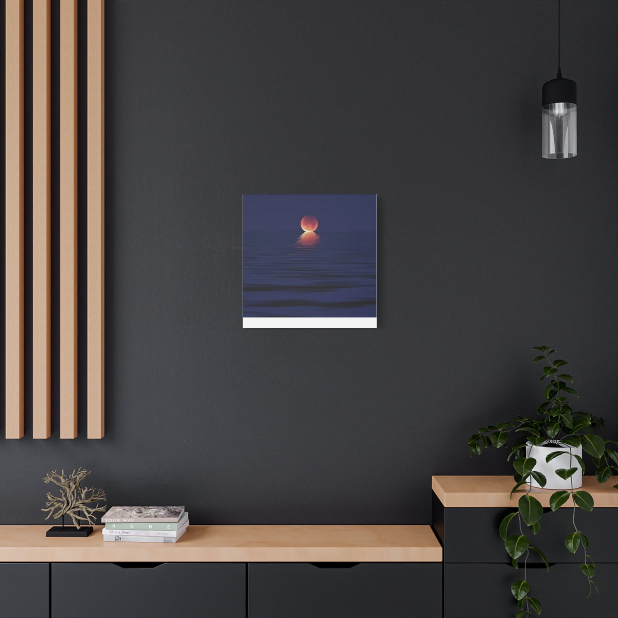 Lunar Reflection Canvas Art — Moonrise Over Calm Sea Stretched Matte Wall Art