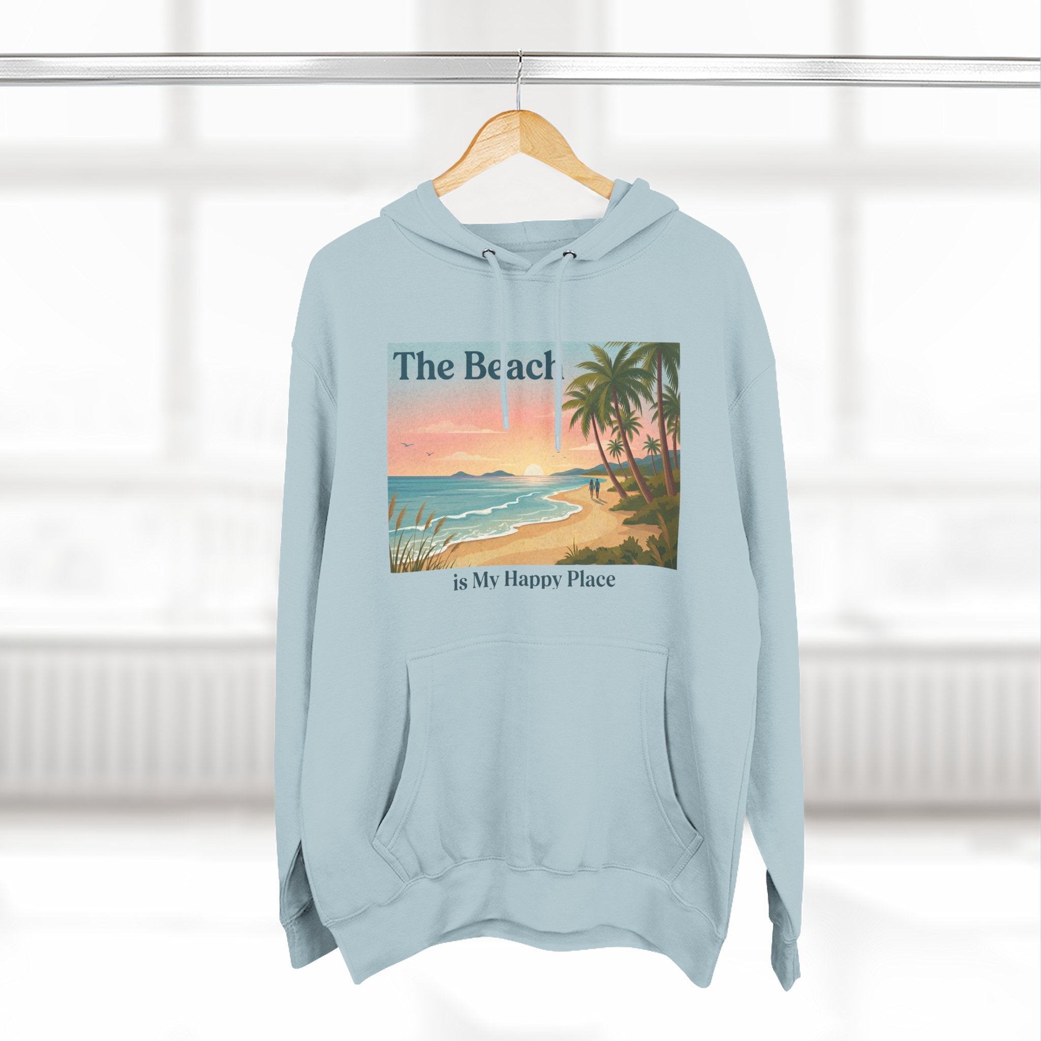Beach Sunset Hoodie – "The Beach is My Happy Place" Coastal Palm Pullover