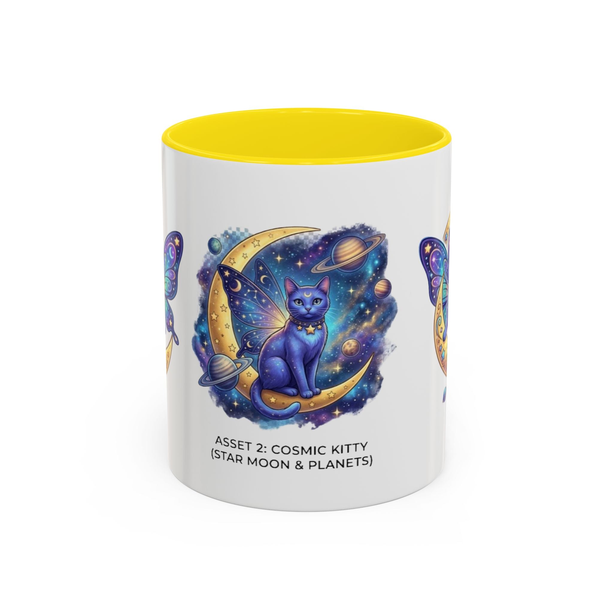 Cosmic Kitty Accent Coffee Mug — Magical Moon & Planets Cat Design (11/15oz)