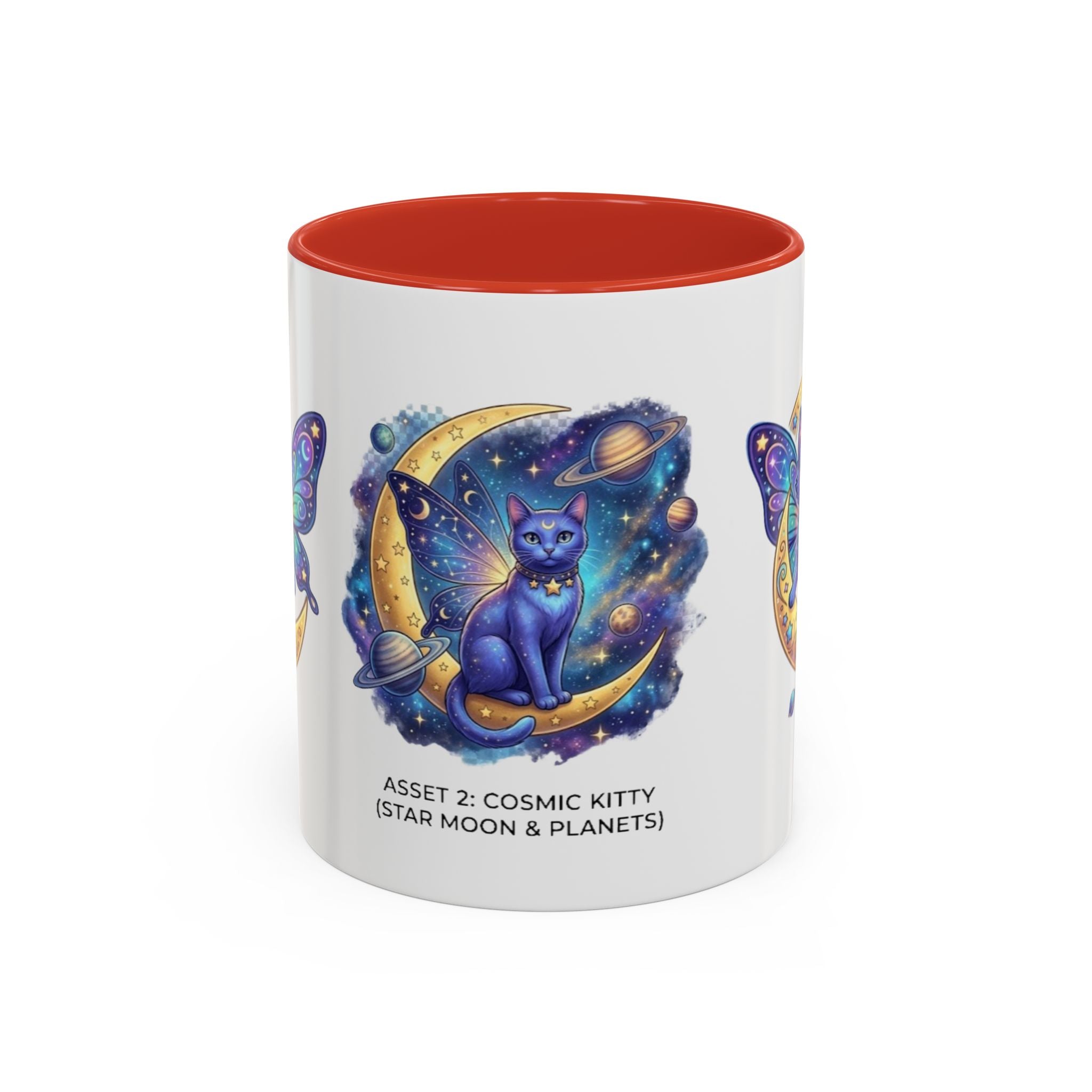 Cosmic Kitty Accent Coffee Mug — Magical Moon & Planets Cat Design (11/15oz)