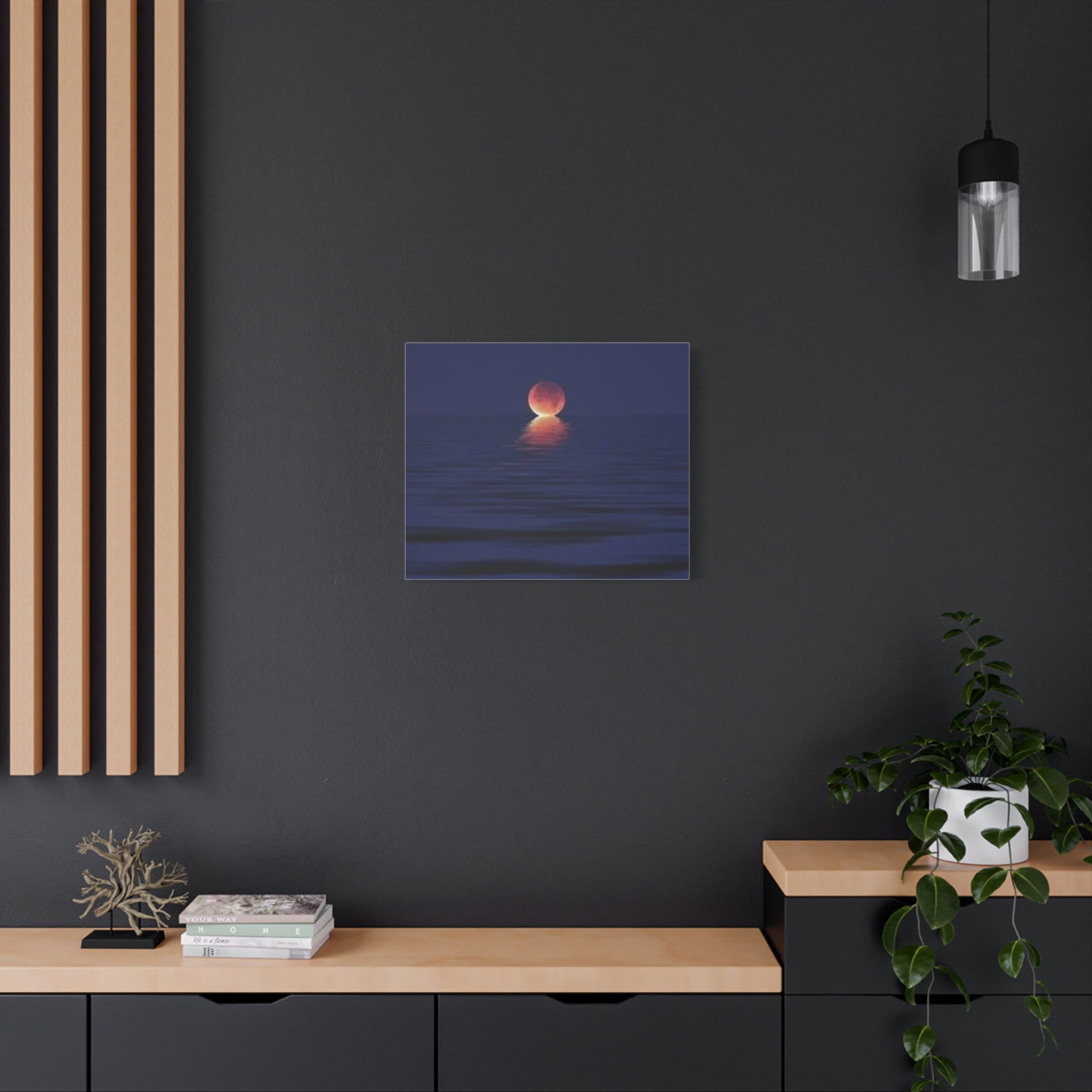 Lunar Reflection Canvas Art — Moonrise Over Calm Sea Stretched Matte Wall Art