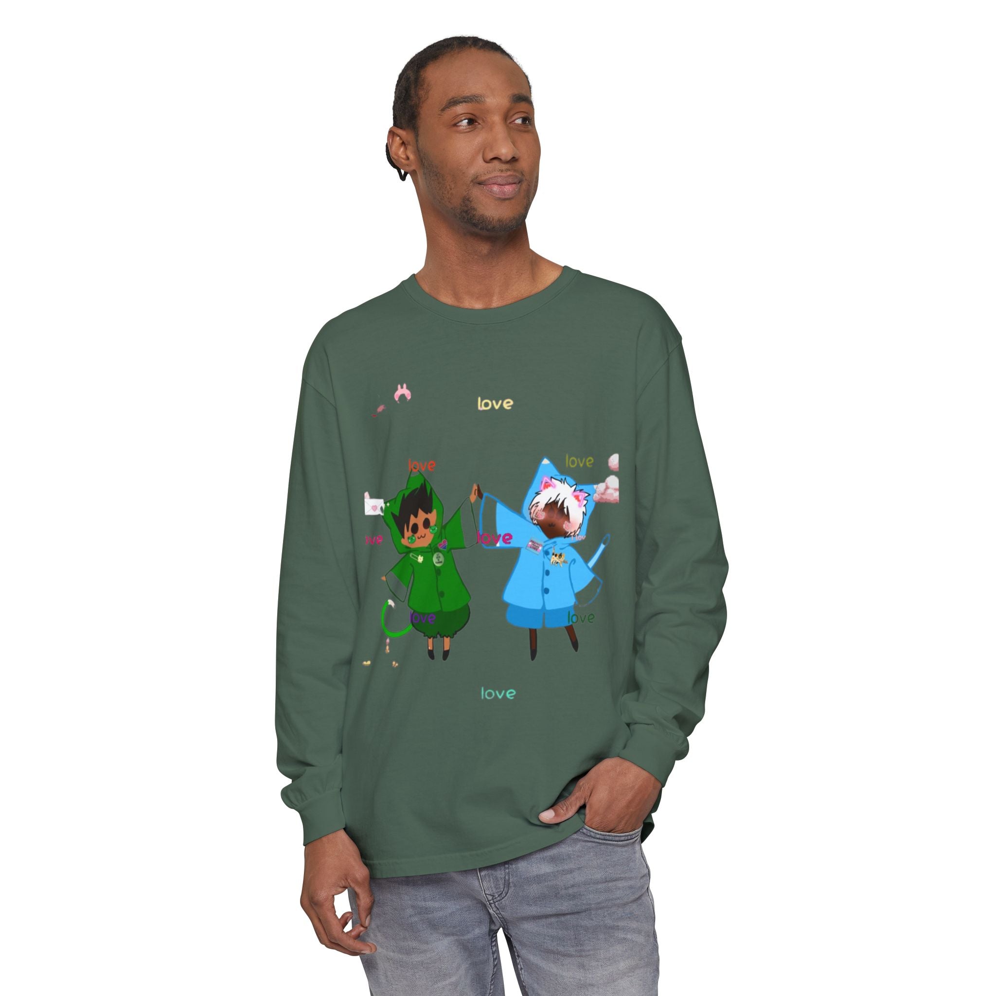 Cute Rainbow Cats Holding Hands Long Sleeve Tee – "Love" Graphic
