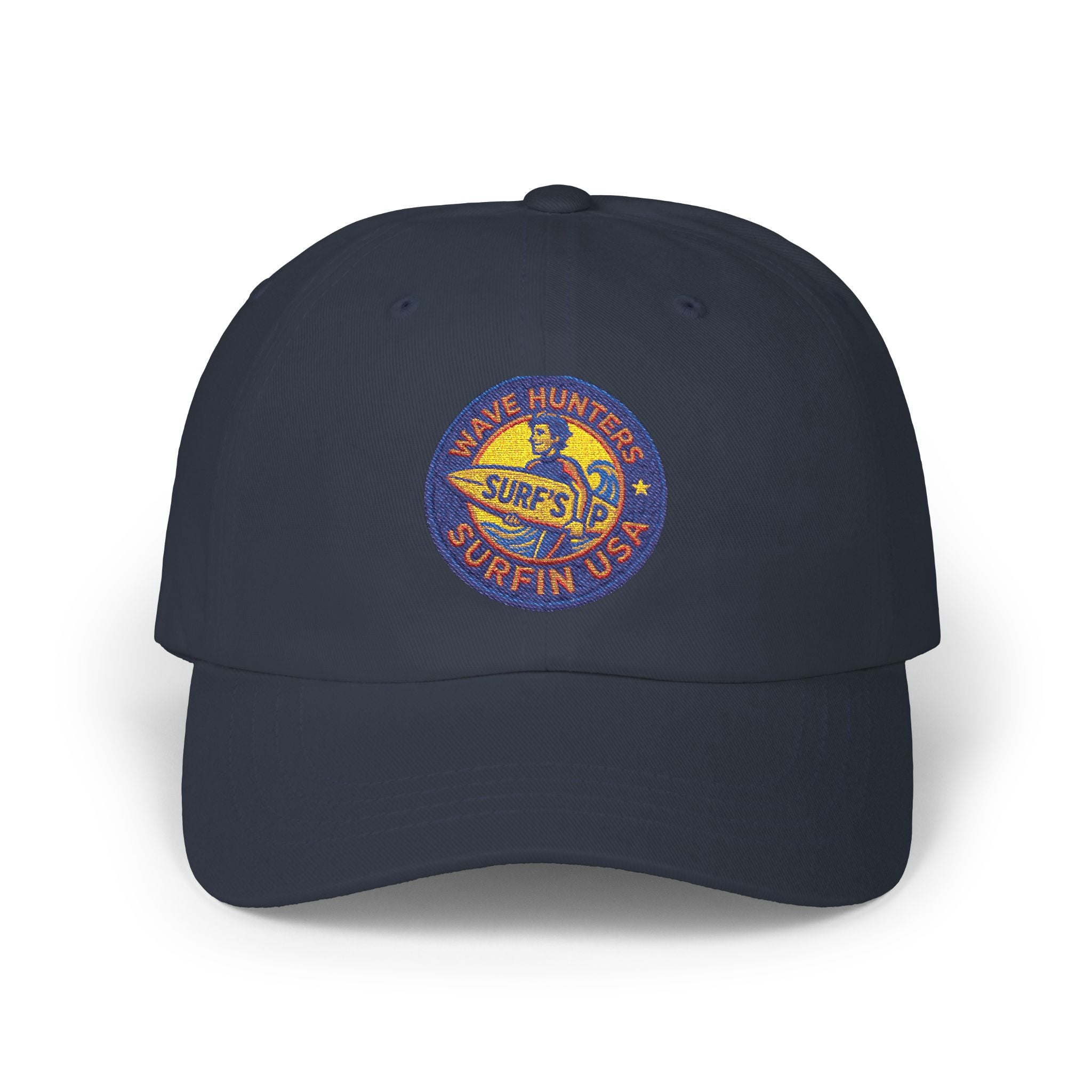 Dad Cap — Retro Surf Patch “Wave Hunter Surfin USA” Embroidered Baseball Hat