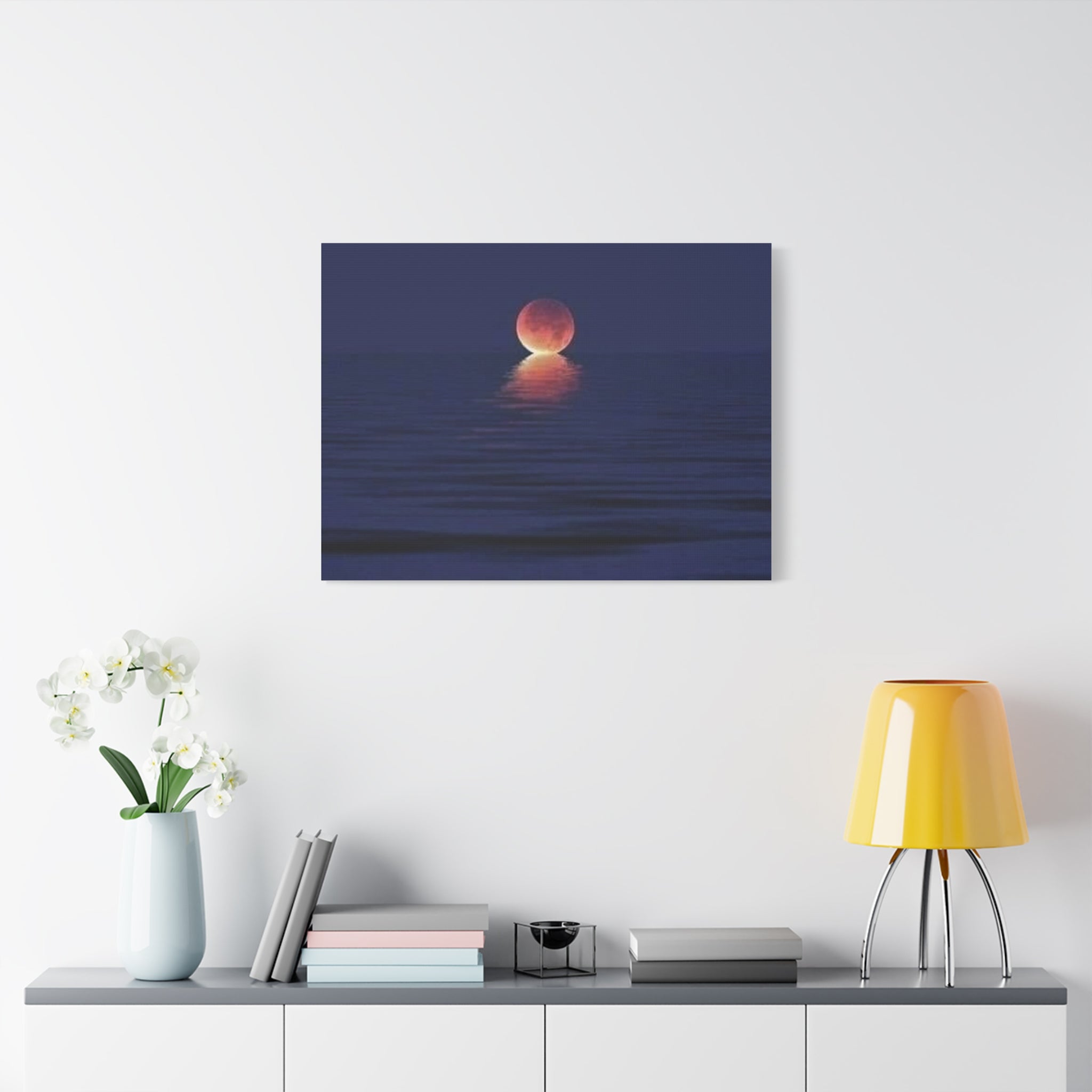 Lunar Reflection Canvas Art — Moonrise Over Calm Sea Stretched Matte Wall Art
