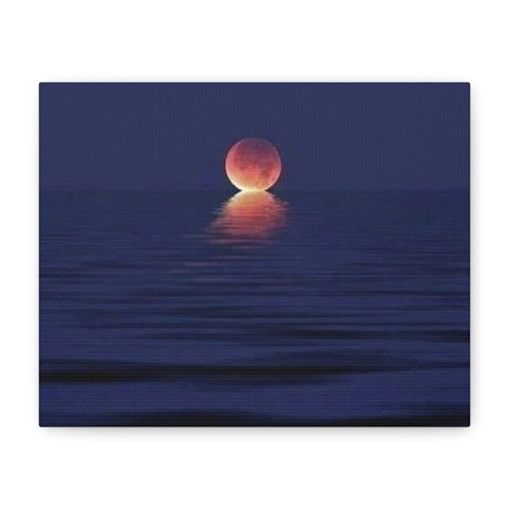 Lunar Reflection Canvas Art — Moonrise Over Calm Sea Stretched Matte Wall Art