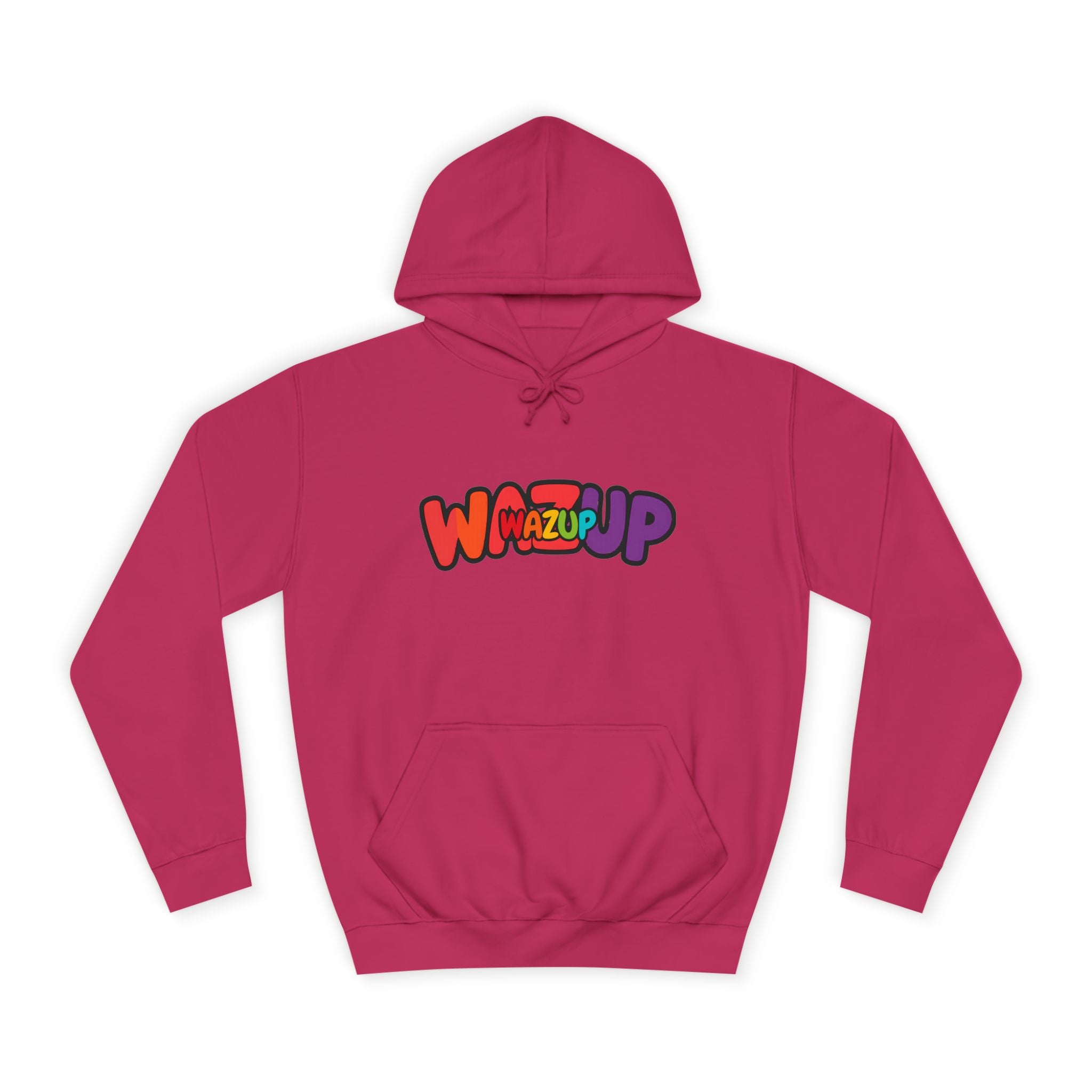 Wazup Colorburst Hoodie — Retro Bubble Letter Graphic Hooded Sweatshirt