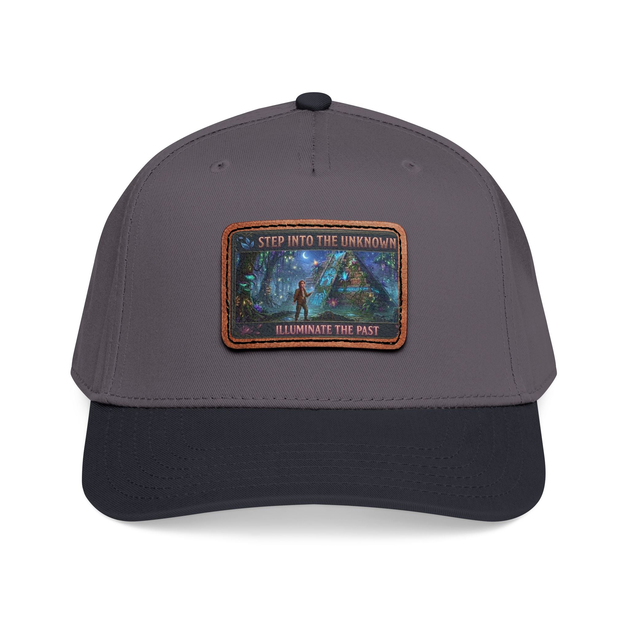 Leather Patch Baseball Cap — "Step Into the Unknown, Illuminate the Past" Forest Adventure Design