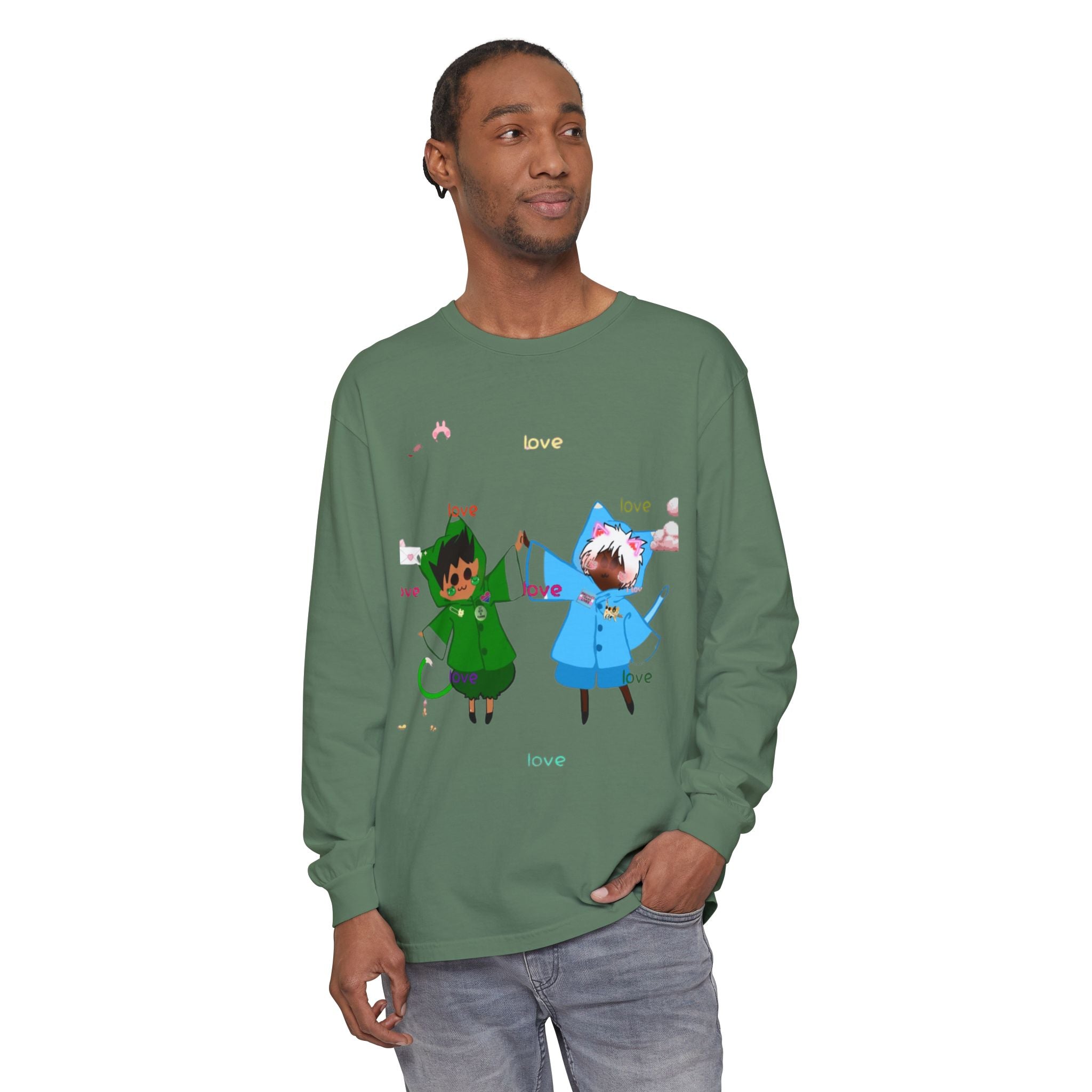 Cute Rainbow Cats Holding Hands Long Sleeve Tee – "Love" Graphic