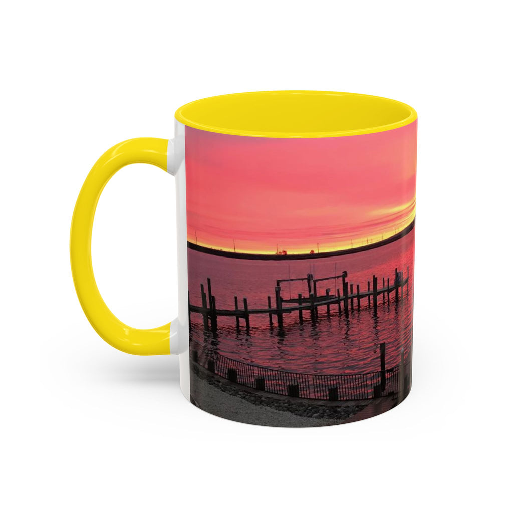Sunset Harbor Accent Coffee Mug — Pink Sunrise Dock Scene (11/15oz)