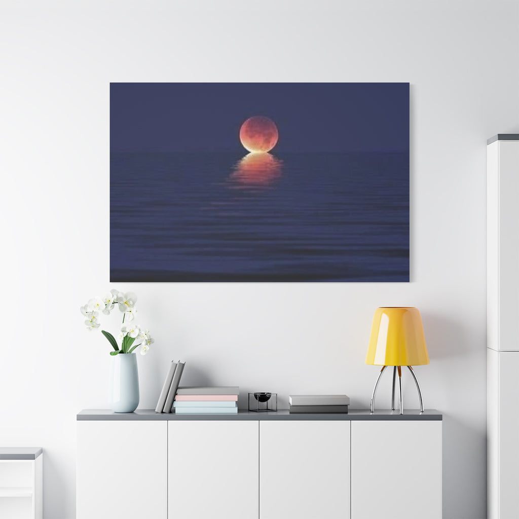 Lunar Reflection Canvas Art — Moonrise Over Calm Sea Stretched Matte Wall Art