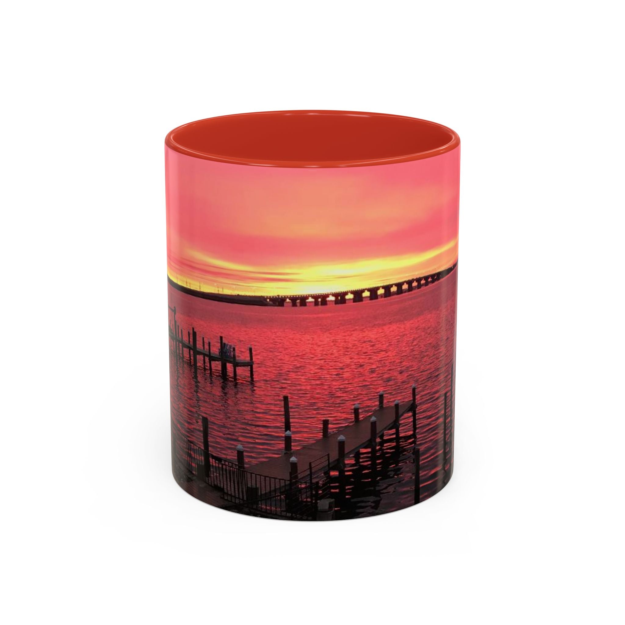 Sunset Harbor Accent Coffee Mug — Pink Sunrise Dock Scene (11/15oz)