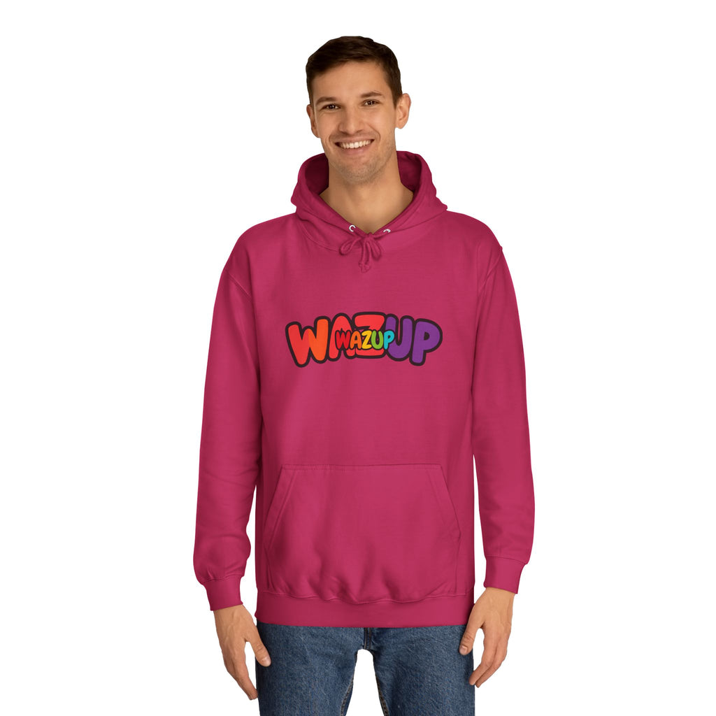 Wazup Colorburst Hoodie — Retro Bubble Letter Graphic Hooded Sweatshirt