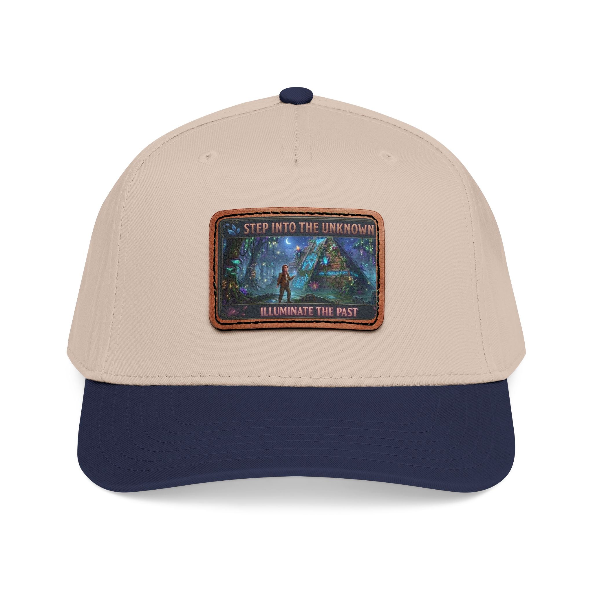 Leather Patch Baseball Cap — "Step Into the Unknown, Illuminate the Past" Forest Adventure Design