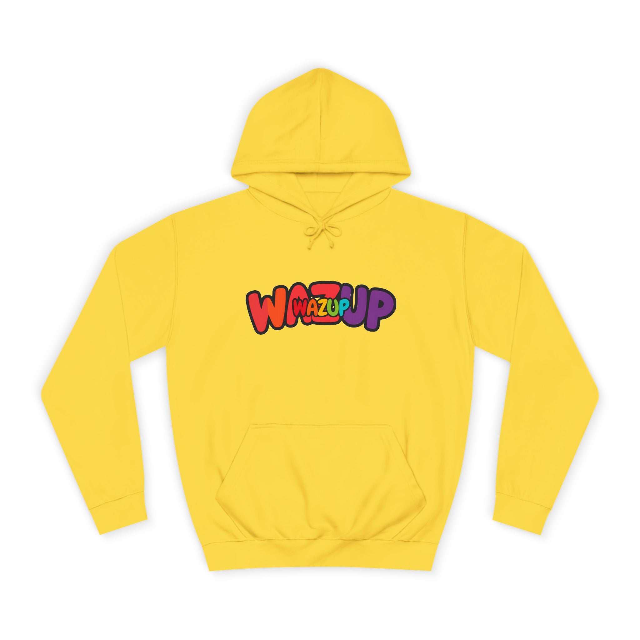 Wazup Colorburst Hoodie — Retro Bubble Letter Graphic Hooded Sweatshirt